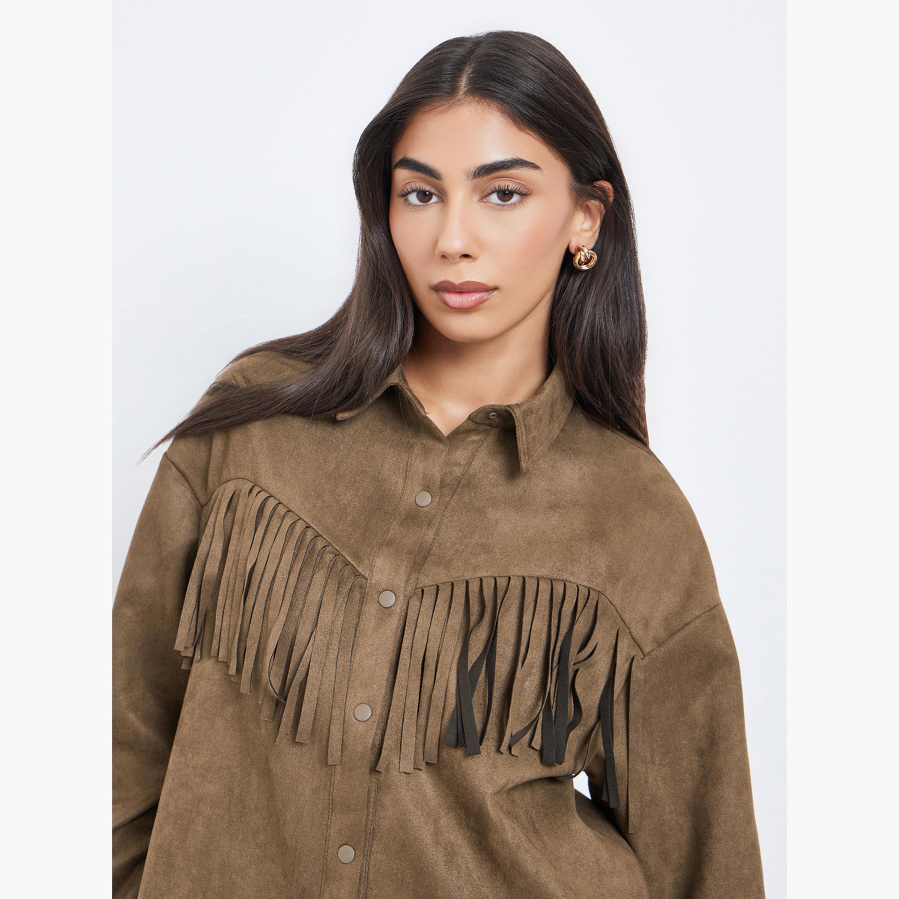 Styli Brown Tassel Trim Suede Look Shirt-women-clothing-shirtsandblouses-shirts-image-4