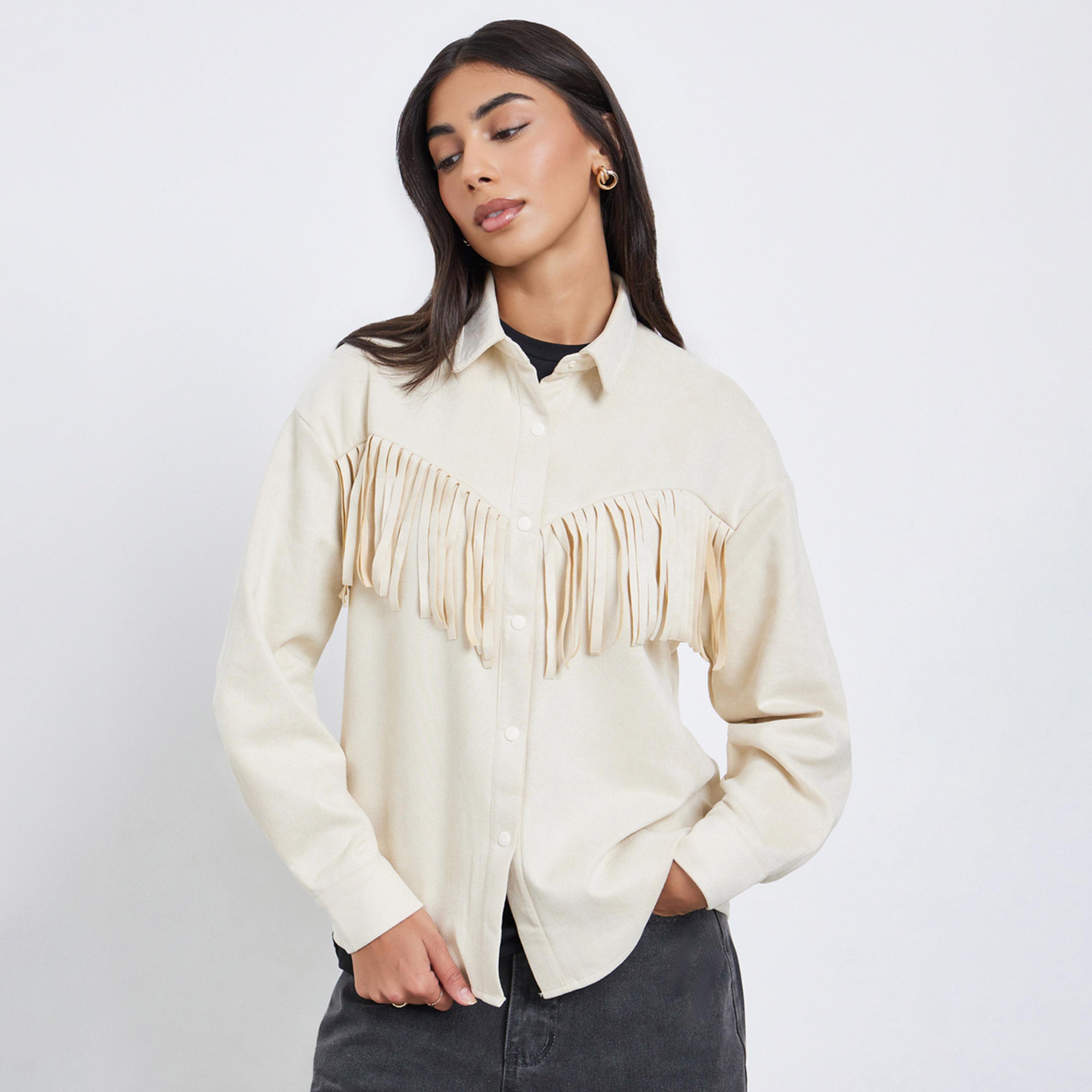 Styli Cream Tassel Trim Suede Look Shirt-women-clothing-shirtsandblouses-shirts-image-1
