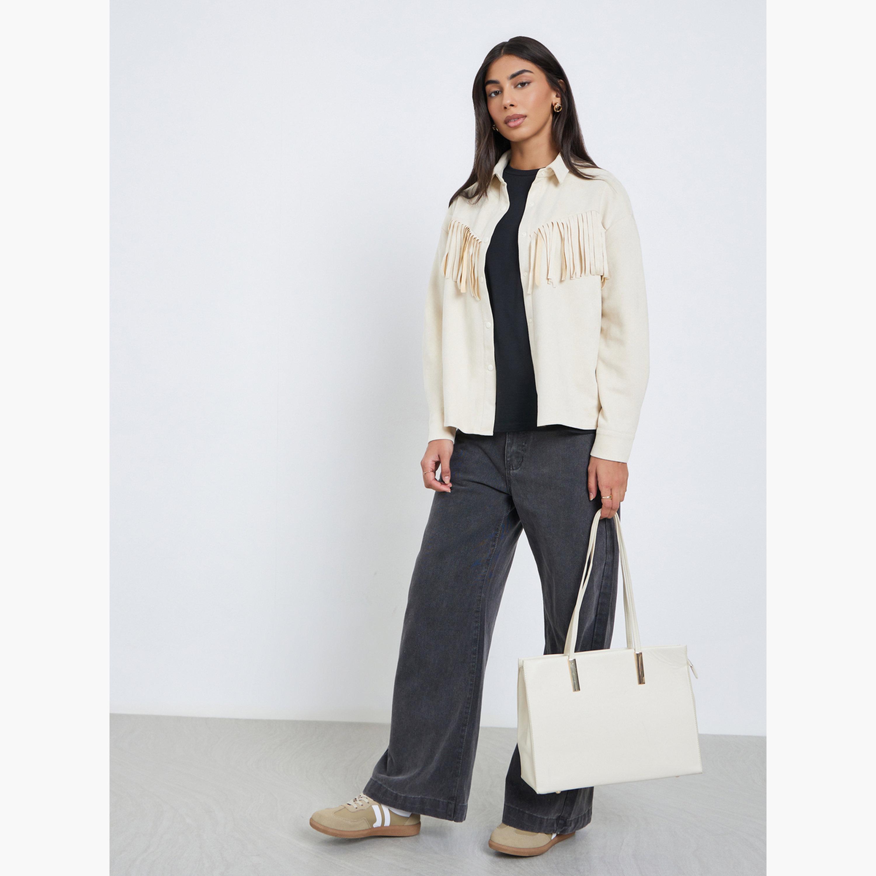 Styli Cream Tassel Trim Suede Look Shirt-women-clothing-shirtsandblouses-shirts-image-2