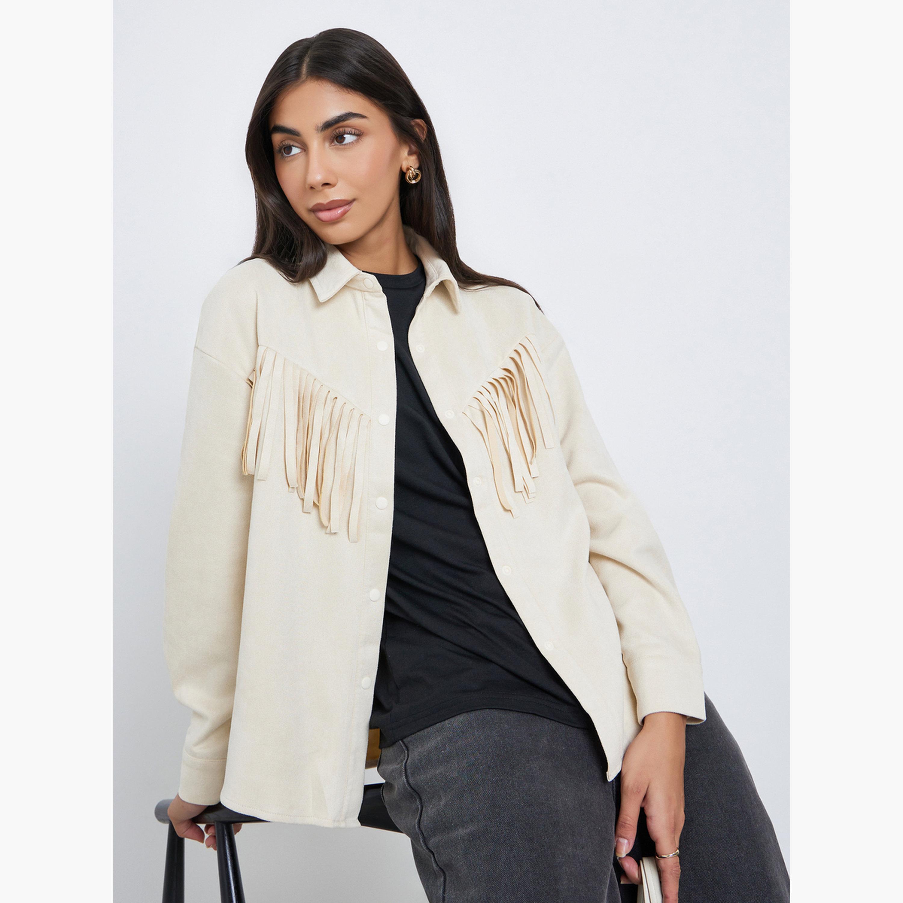 Styli Cream Tassel Trim Suede Look Shirt-women-clothing-shirtsandblouses-shirts-image-3