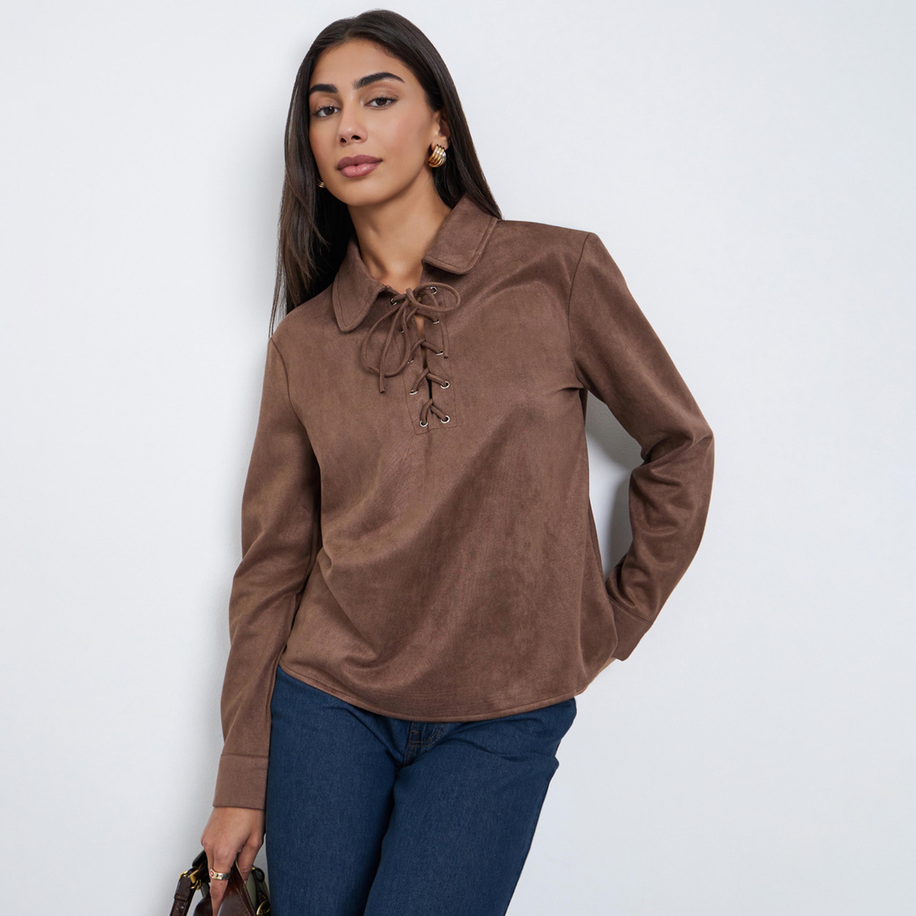 Styli Brown Lace-Up Suede Look Shirt-women-clothing-shirtsandblouses-shirts-image-1