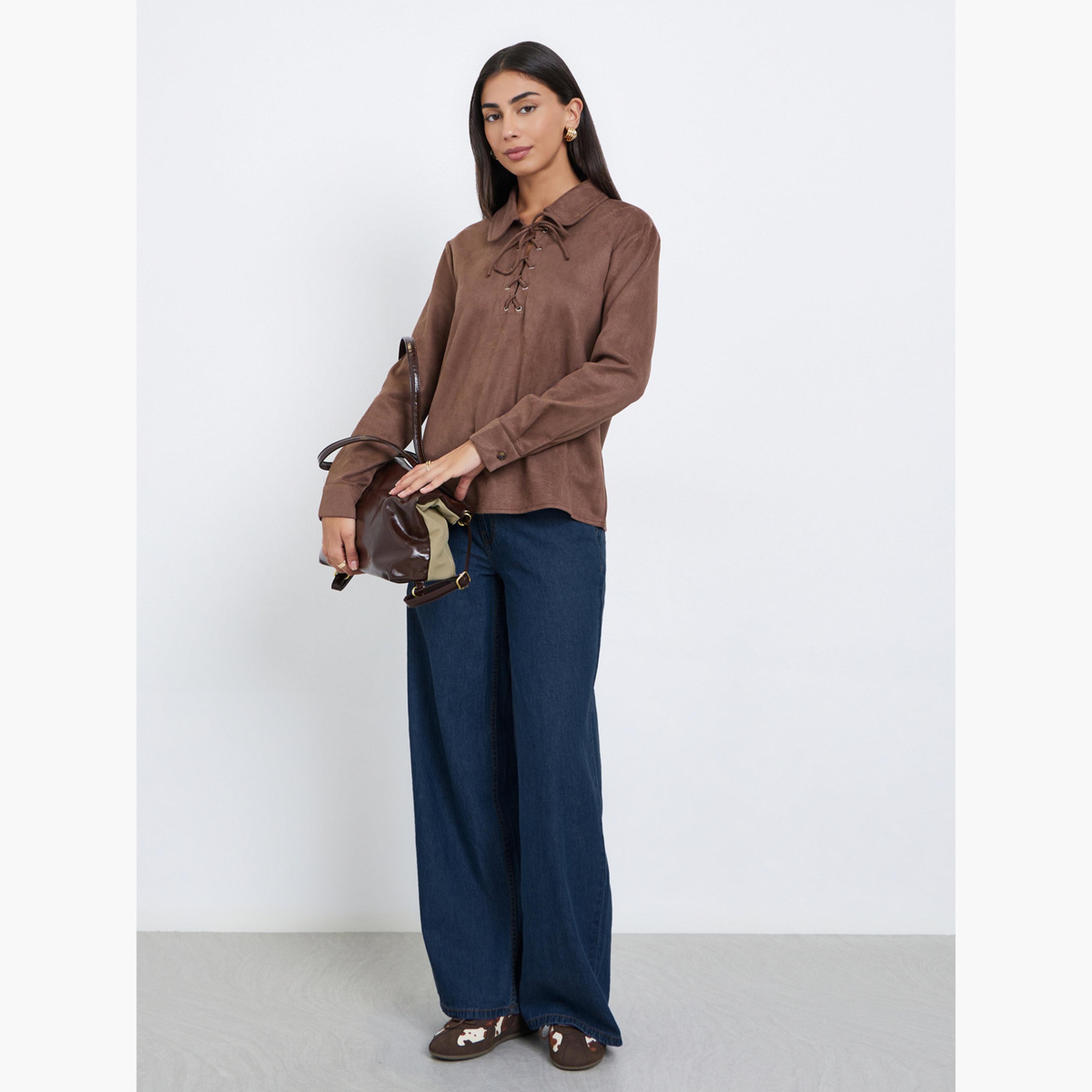 ستايلي - قميص بني بمظهر جلد سويدي برباط-women-clothing-shirtsandblouses-shirts-image-2