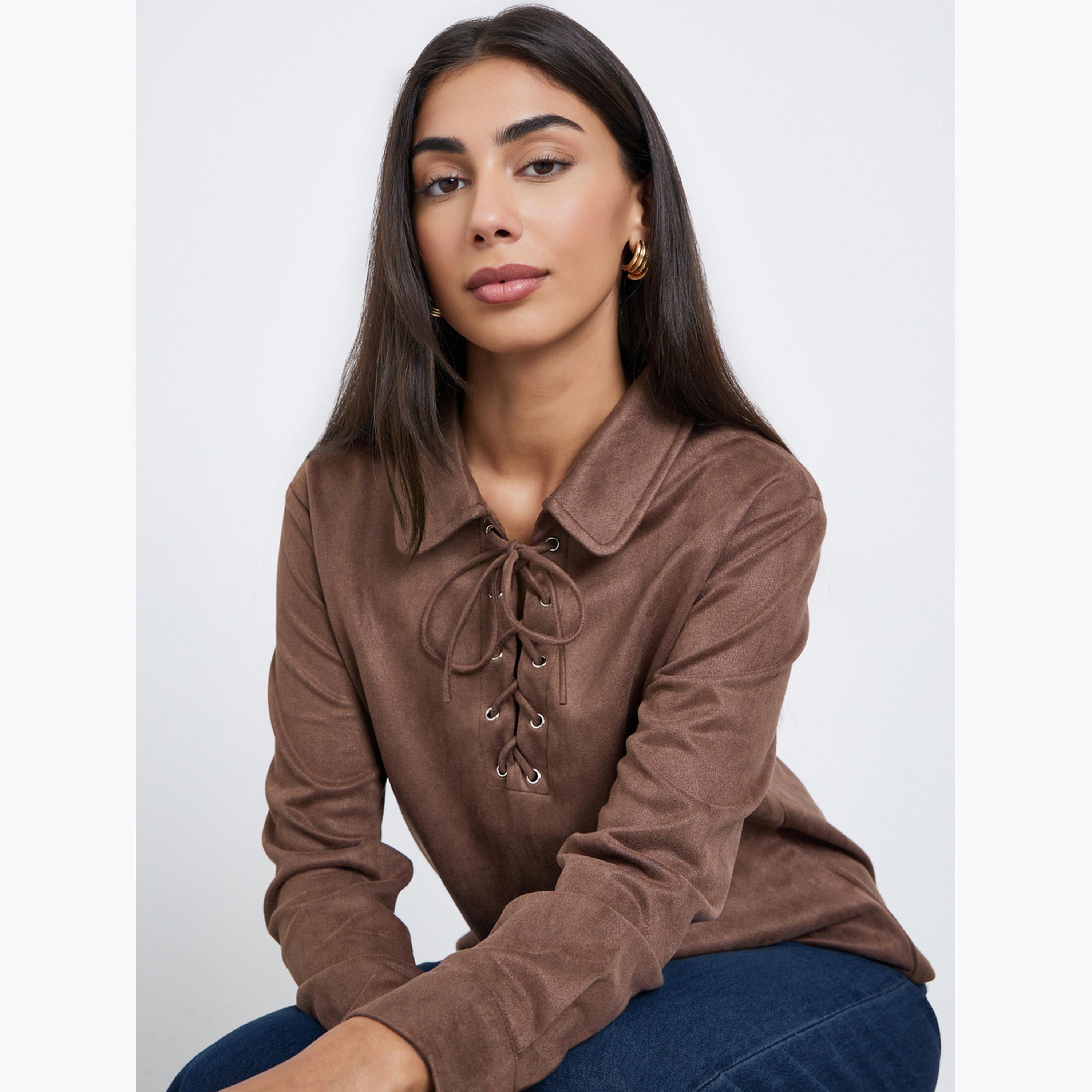 Styli Brown Lace-Up Suede Look Shirt-women-clothing-shirtsandblouses-shirts-image-3