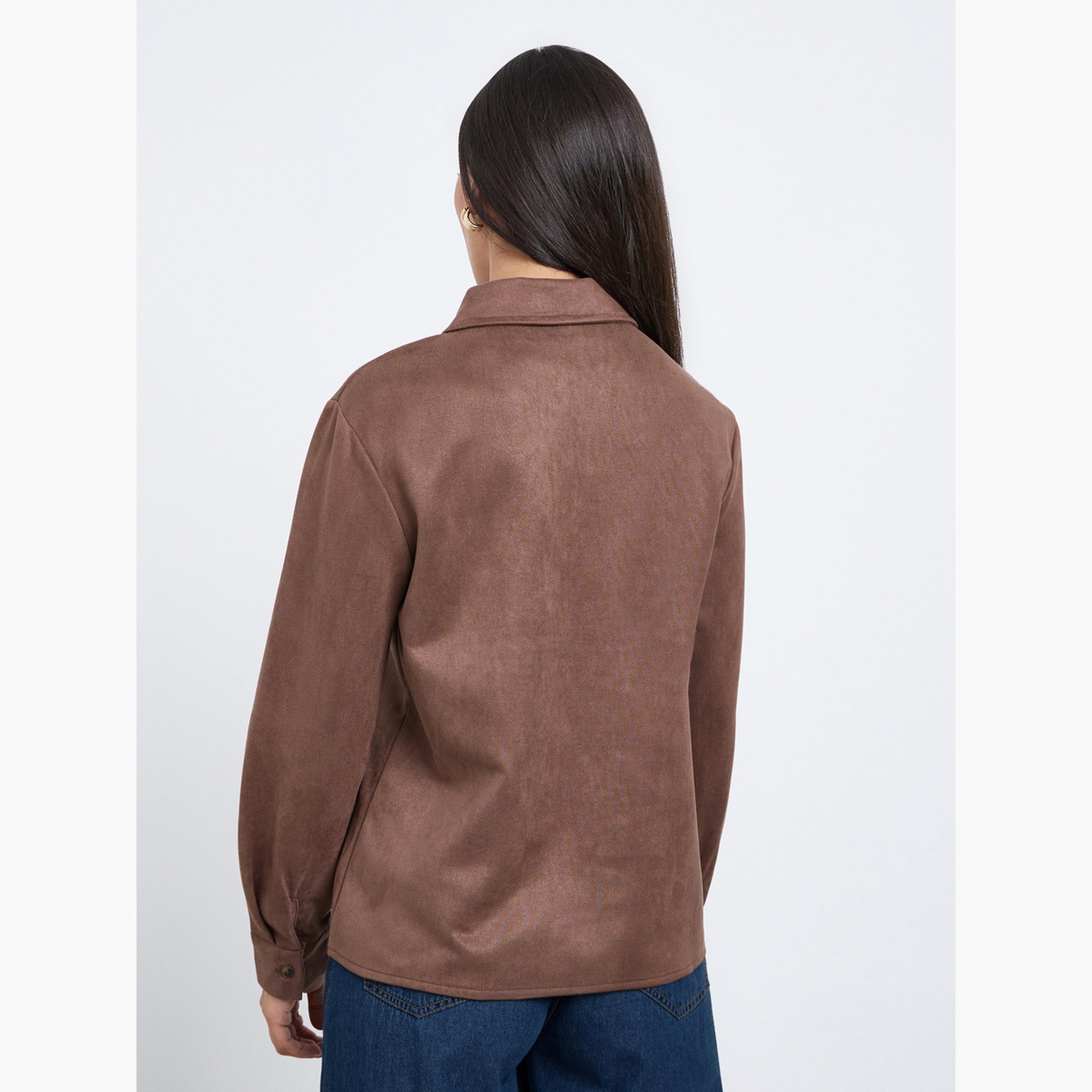 ستايلي - قميص بني بمظهر جلد سويدي برباط-women-clothing-shirtsandblouses-shirts-image-4