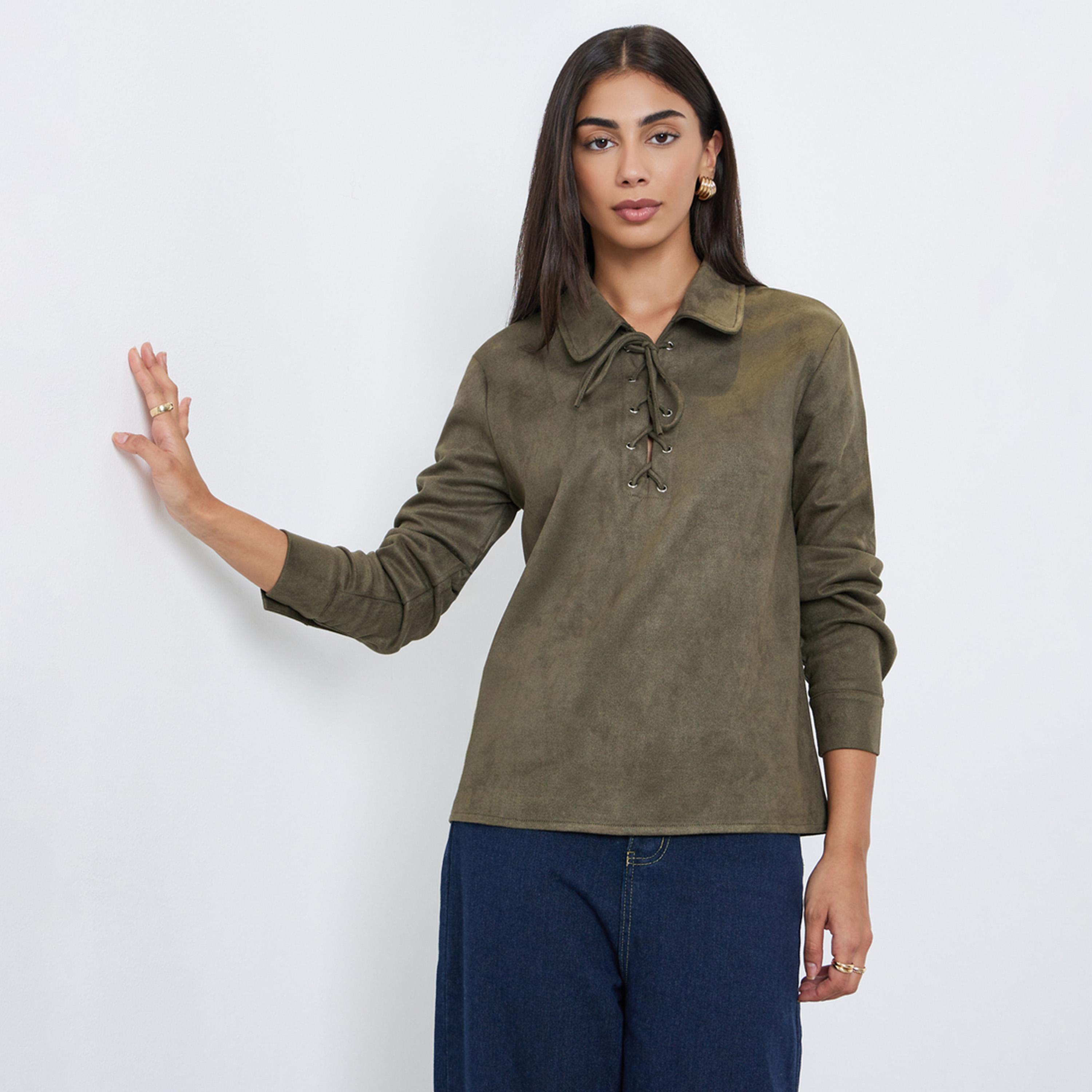 ستايلي - قميص زيتوني بمظهر جلد سويدي مع رباط-women-clothing-shirtsandblouses-shirts-image-1