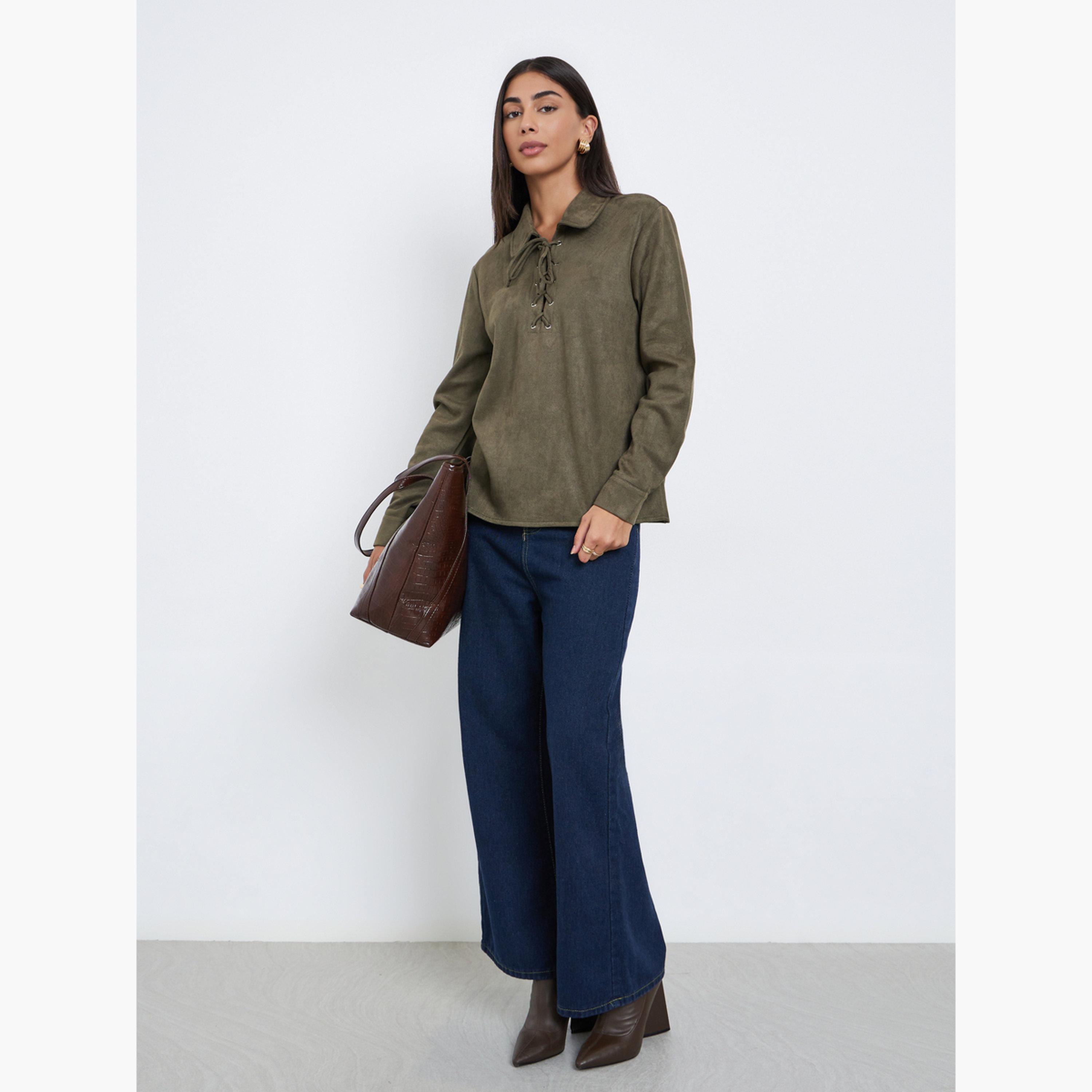 Styli Olive Lace-Up Suede Look Shirt-women-clothing-shirtsandblouses-shirts-image-2