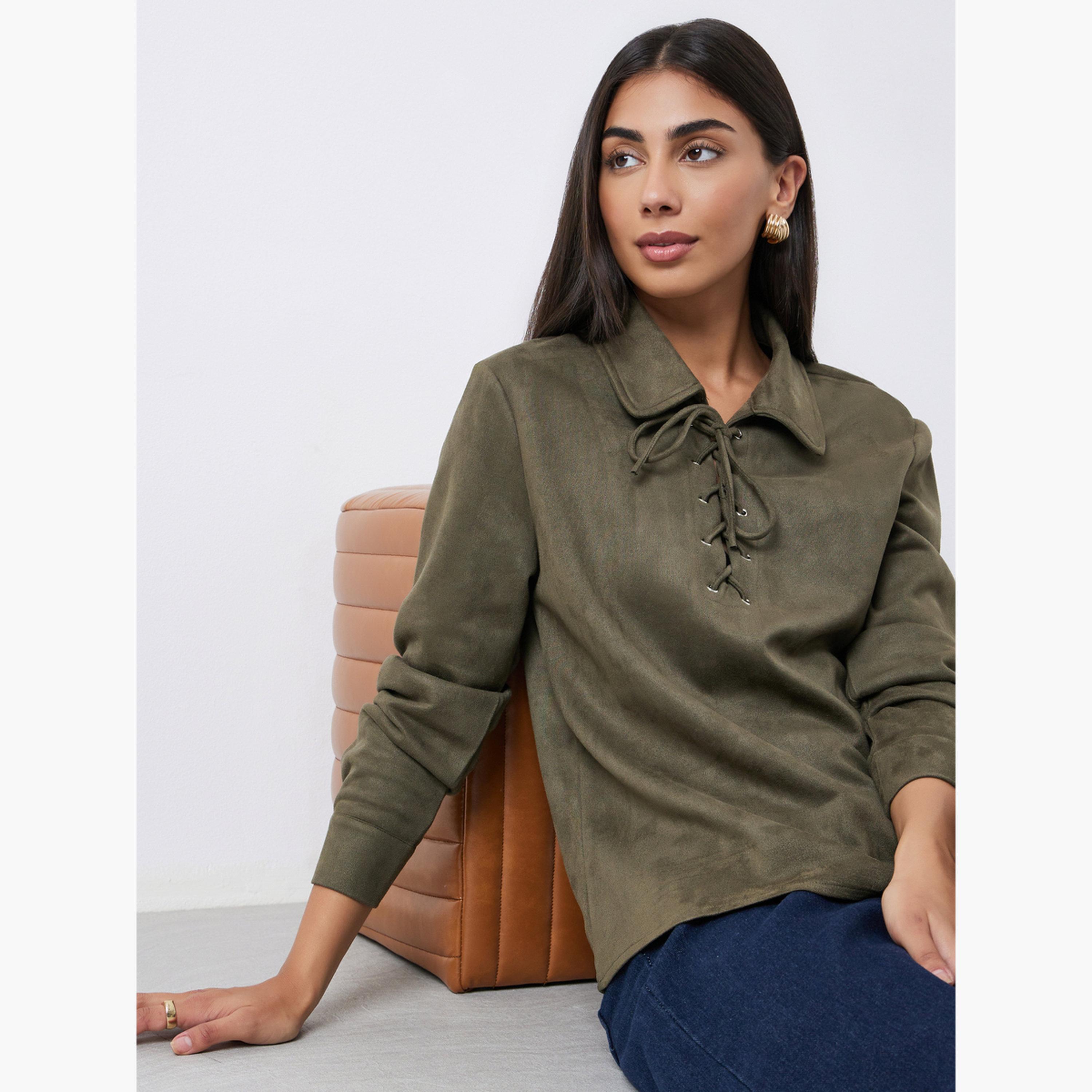 Styli Olive Lace-Up Suede Look Shirt-women-clothing-shirtsandblouses-shirts-image-3