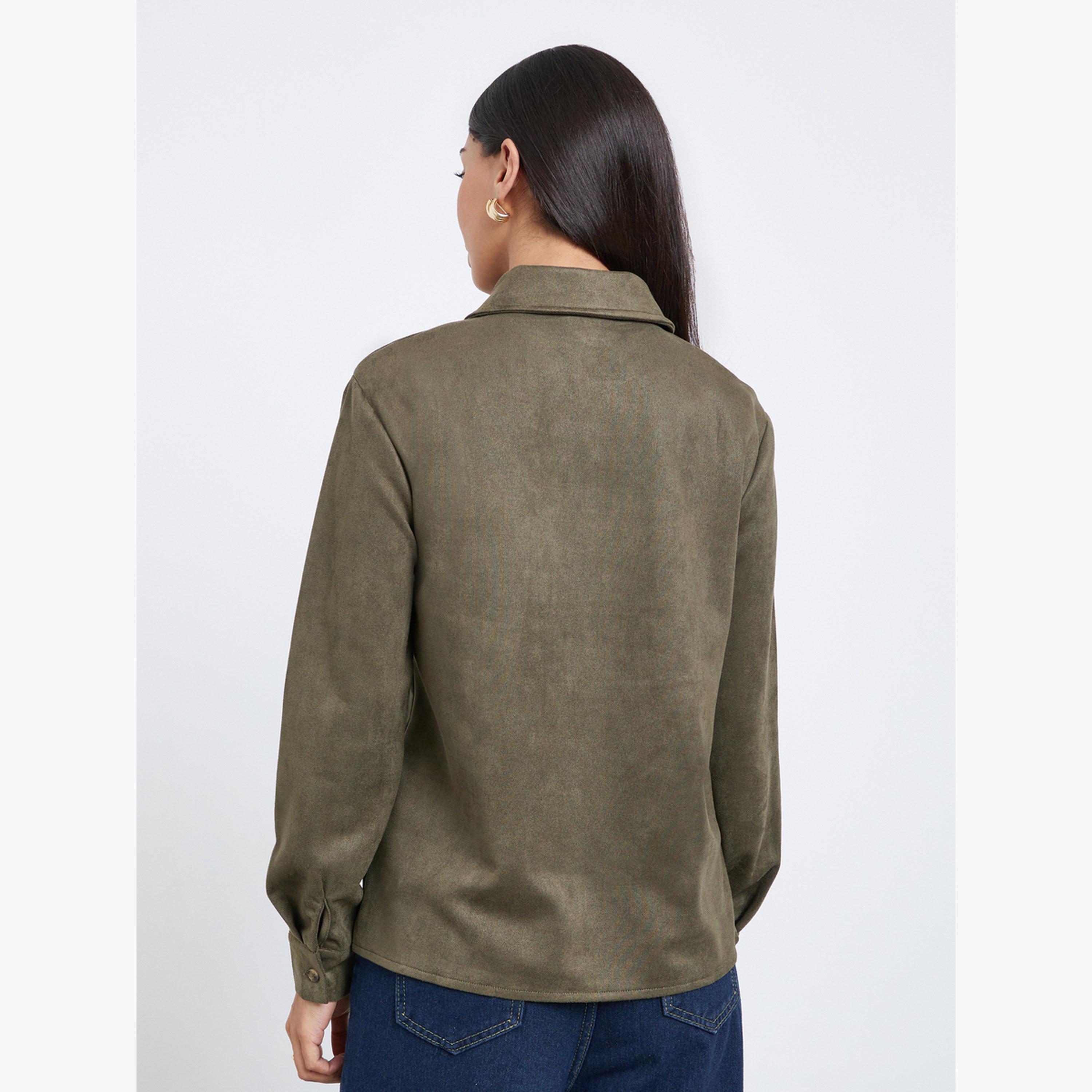 ستايلي - قميص زيتوني بمظهر جلد سويدي مع رباط-women-clothing-shirtsandblouses-shirts-image-4
