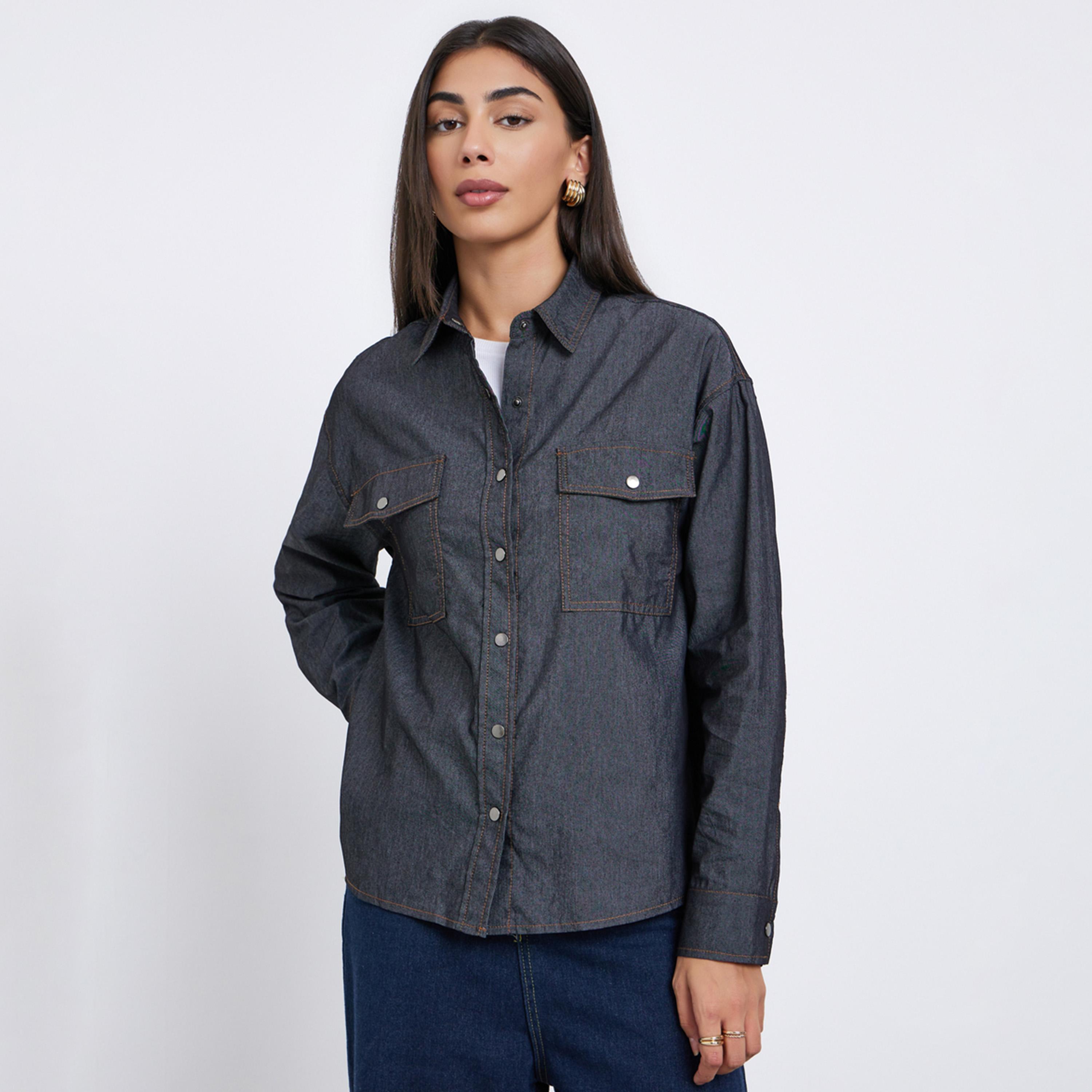 Styli Women Black Double Pocket Denim Loose Fit Shirt-women-clothing-shirtsandblouses-shirts-image-1