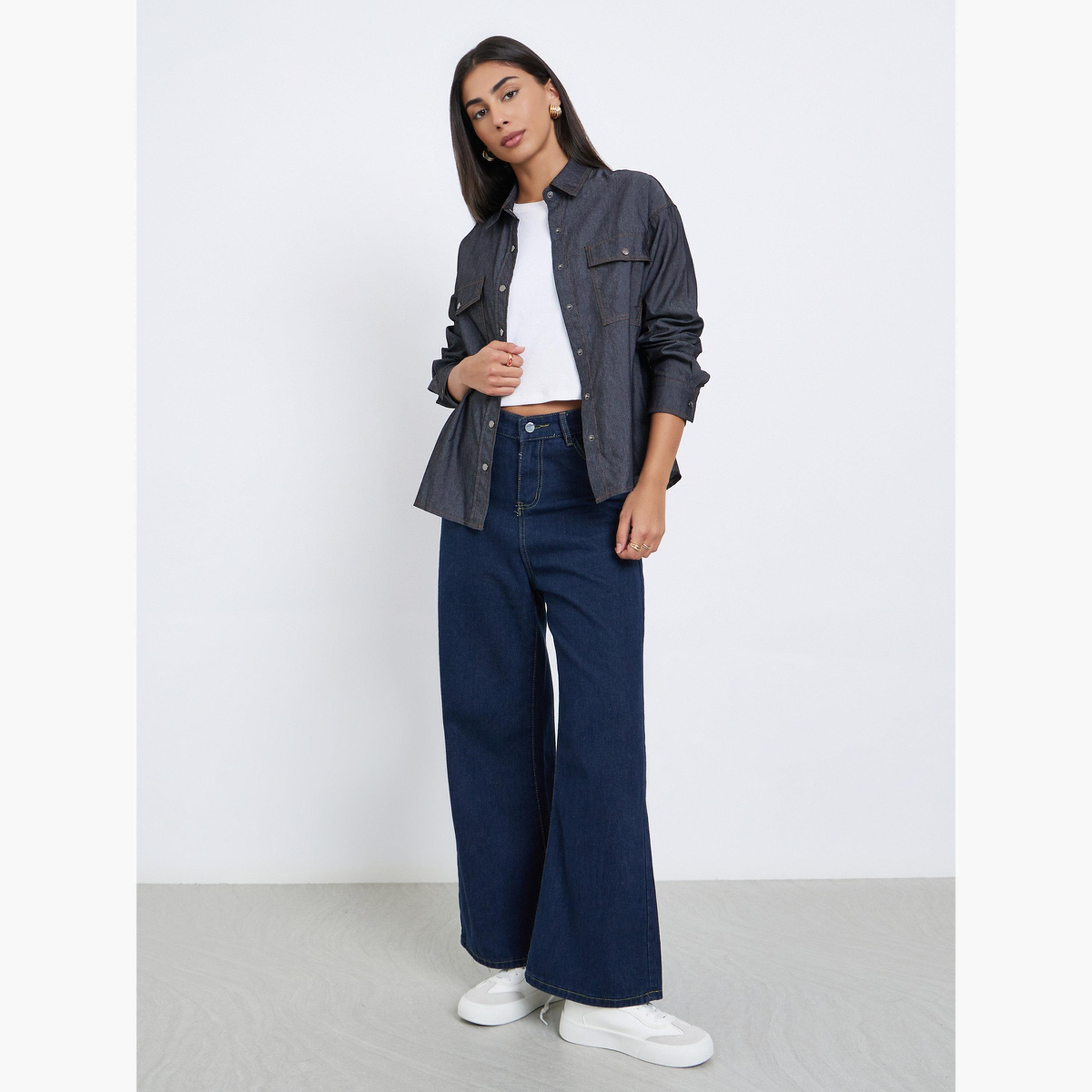 Styli Women Black Double Pocket Denim Loose Fit Shirt-women-clothing-shirtsandblouses-shirts-image-2