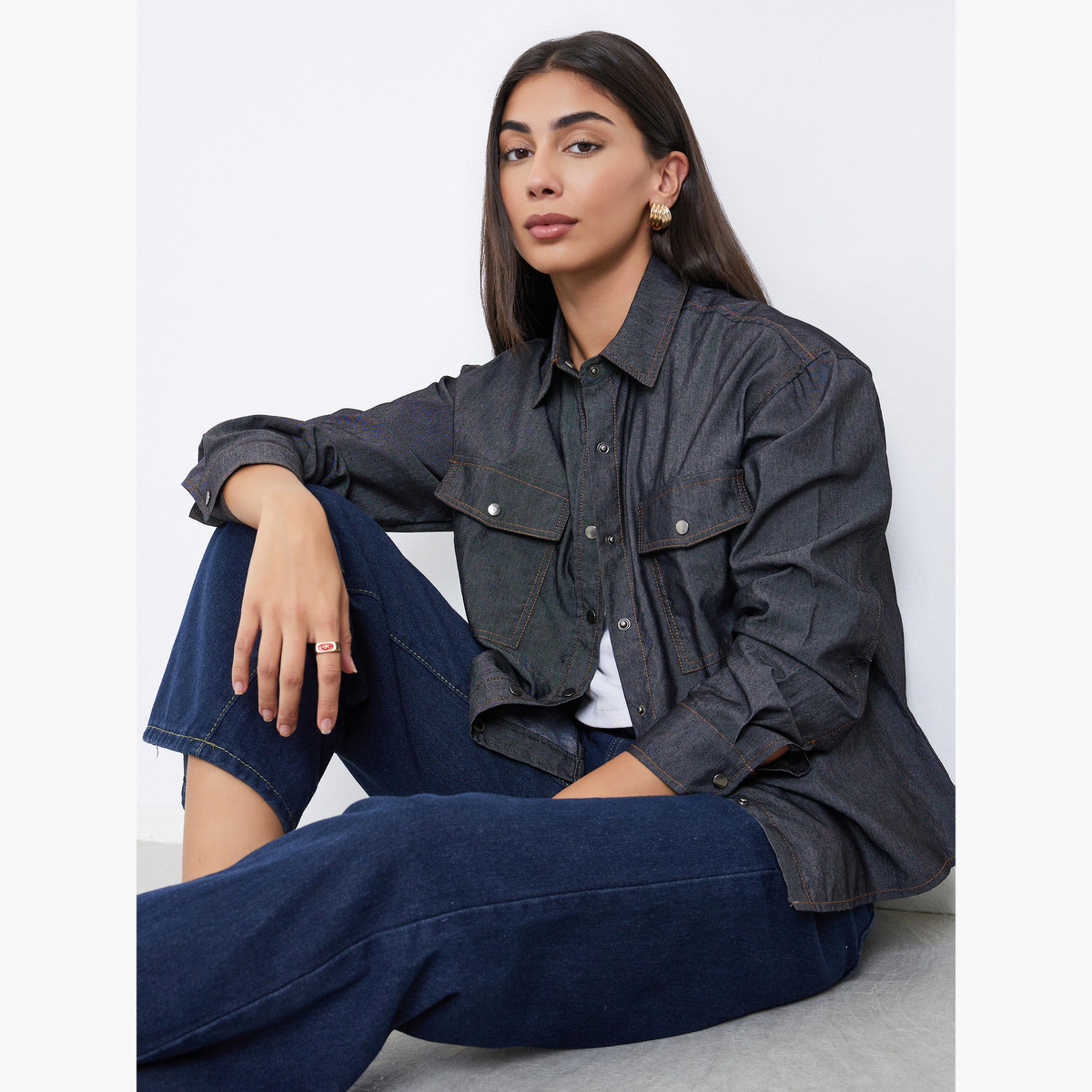 Styli Women Black Double Pocket Denim Loose Fit Shirt-women-clothing-shirtsandblouses-shirts-image-3