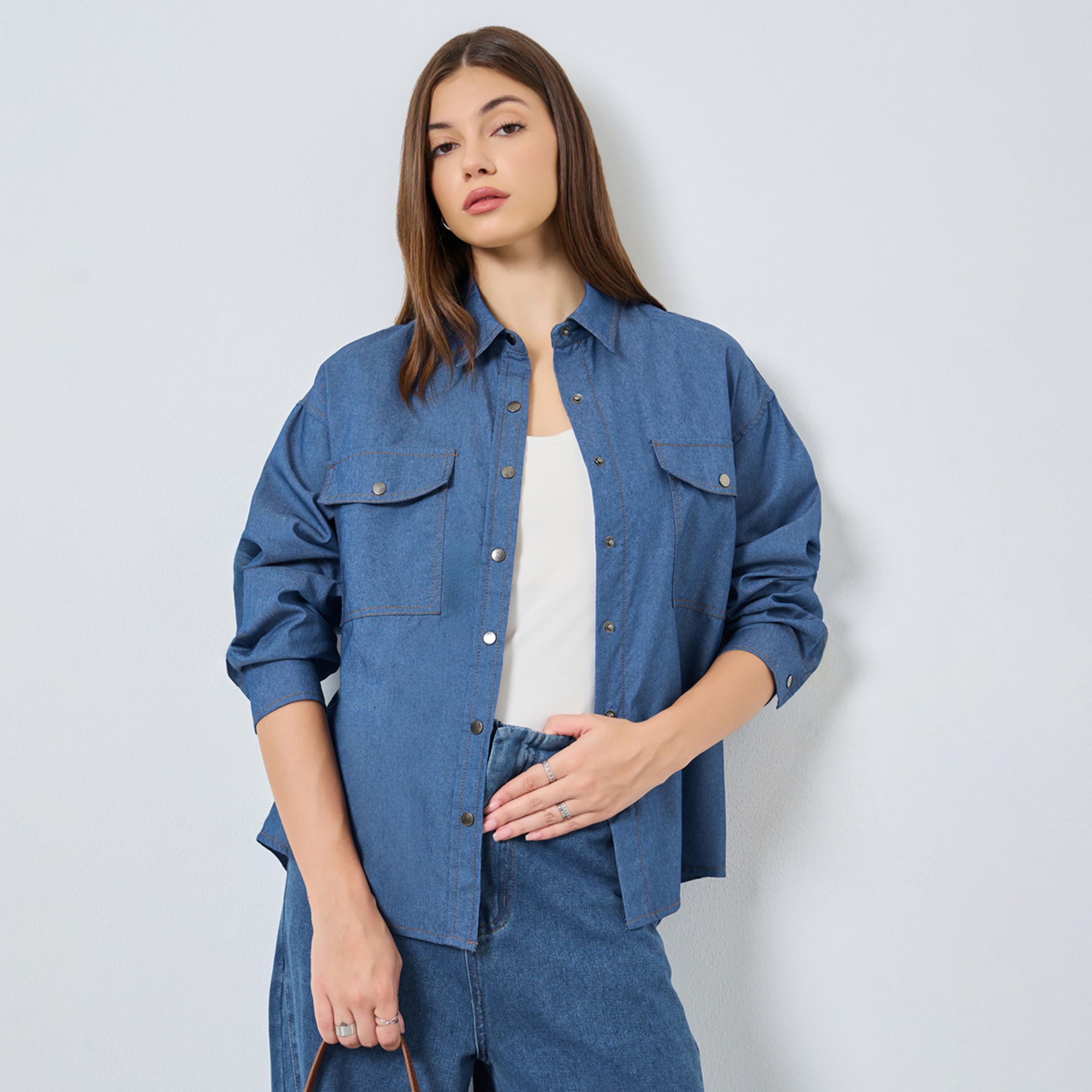 Styli Women Blue Double Pocket Denim Loose Fit Shirt-women-clothing-shirtsandblouses-shirts-image-1