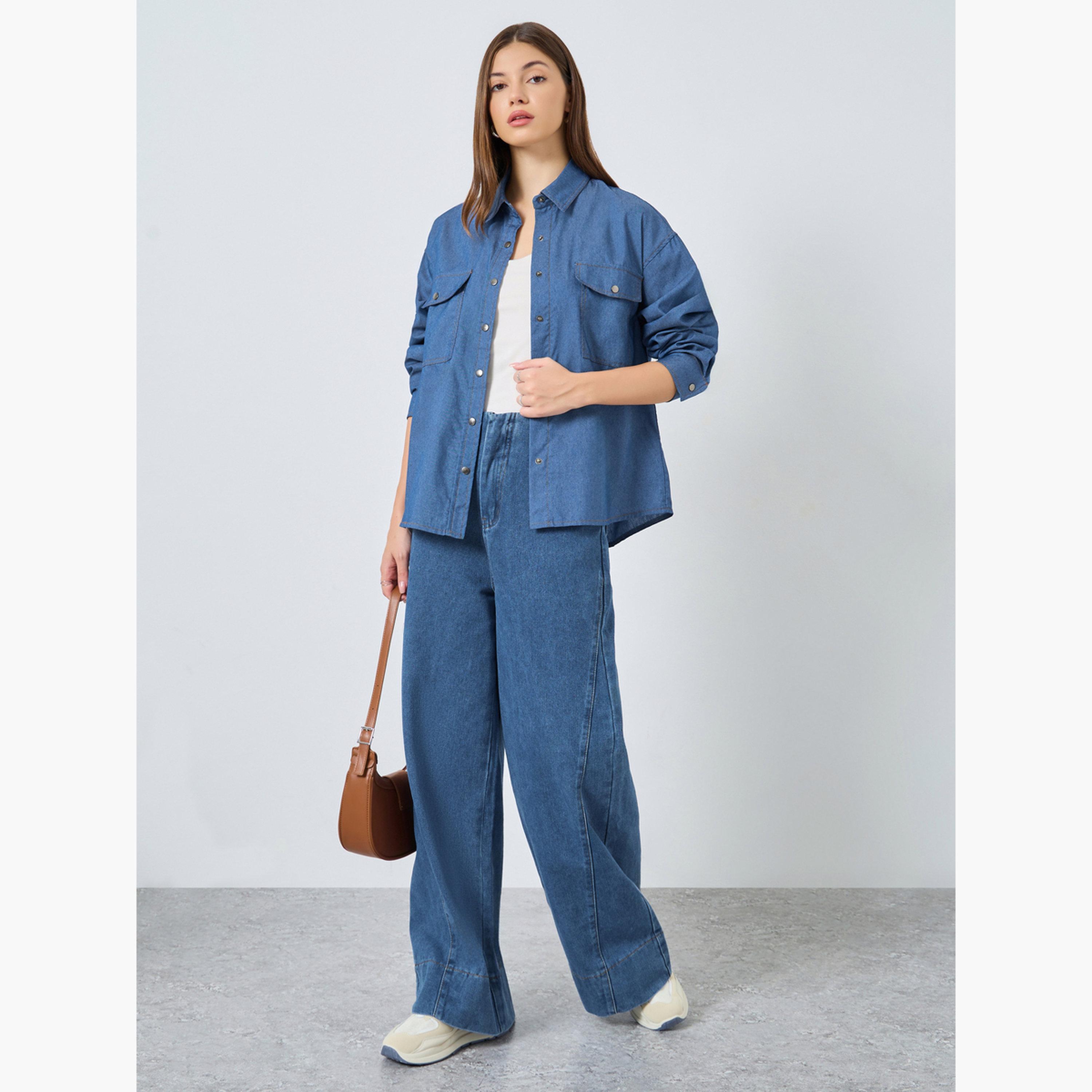 Styli Women Blue Double Pocket Denim Loose Fit Shirt-women-clothing-shirtsandblouses-shirts-image-2