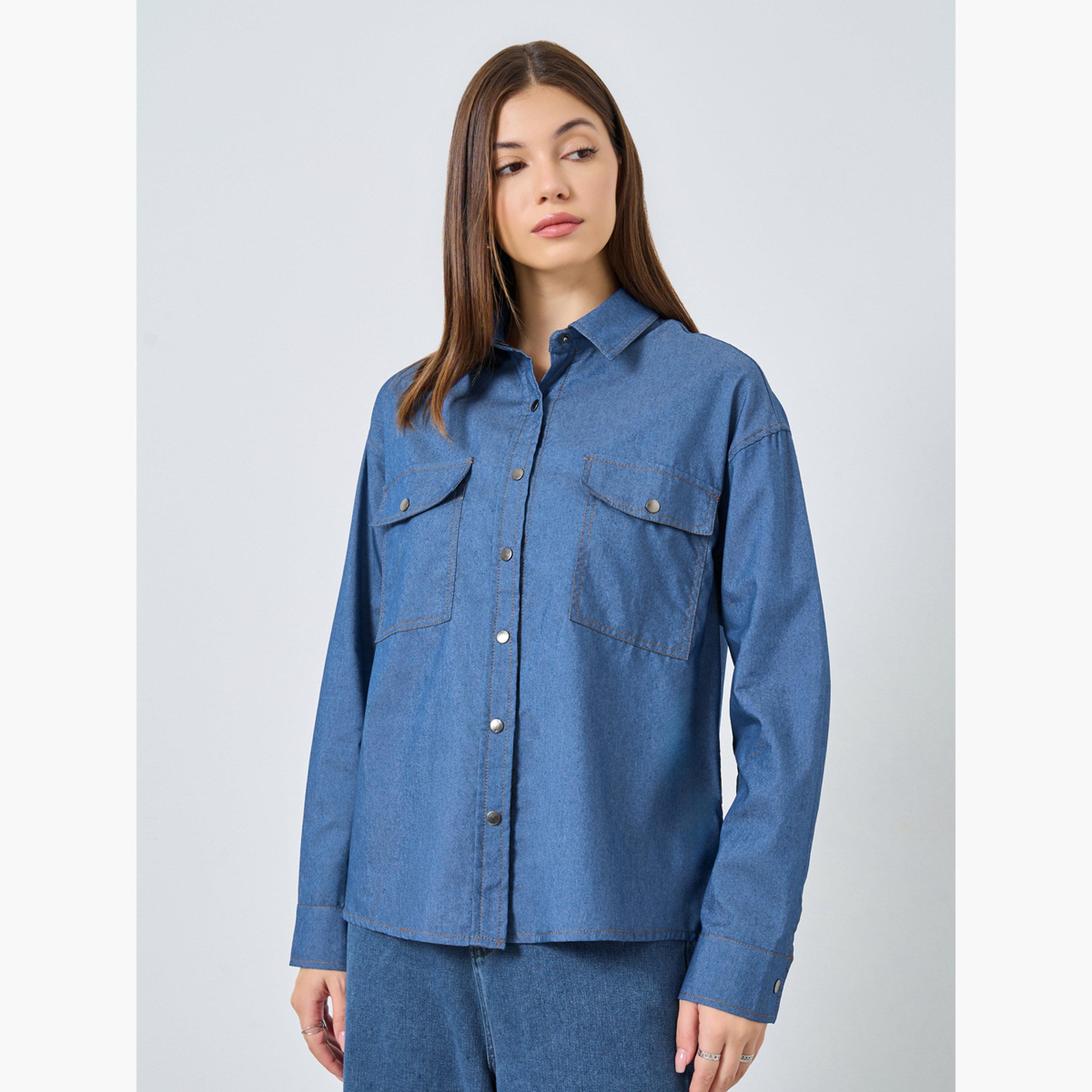 Styli Women Blue Double Pocket Denim Loose Fit Shirt-women-clothing-shirtsandblouses-shirts-image-3