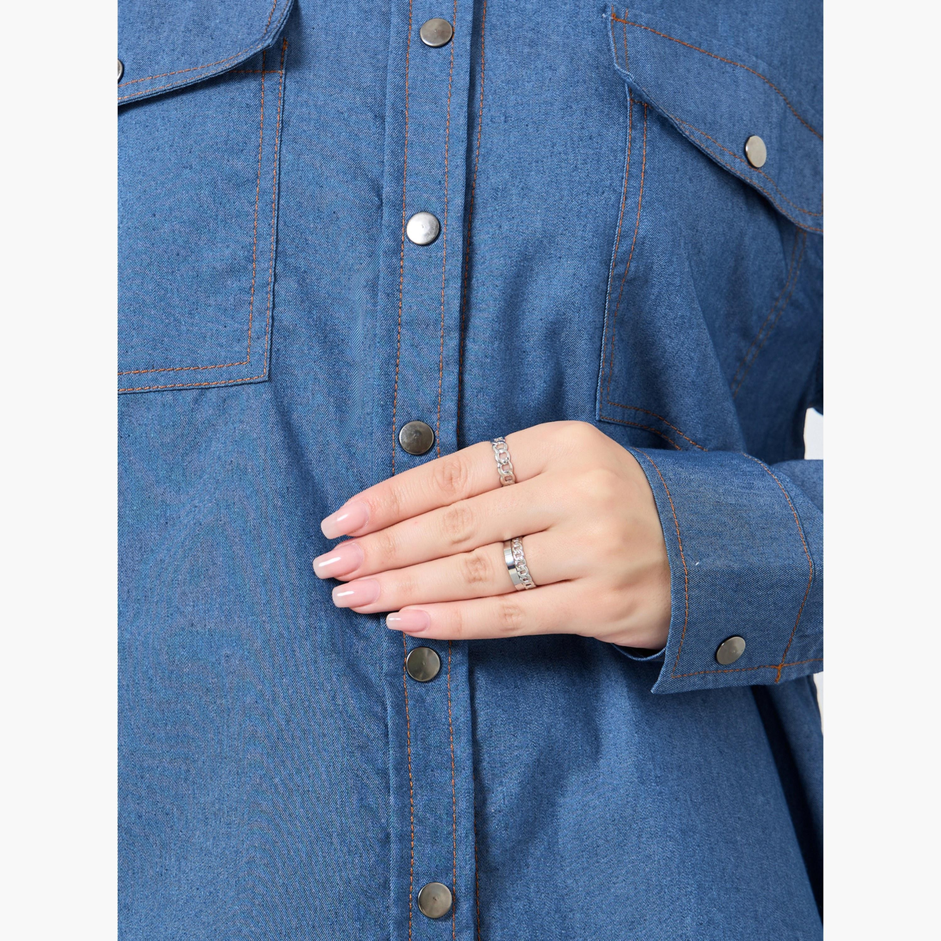 Styli Women Blue Double Pocket Denim Loose Fit Shirt-women-clothing-shirtsandblouses-shirts-image-4