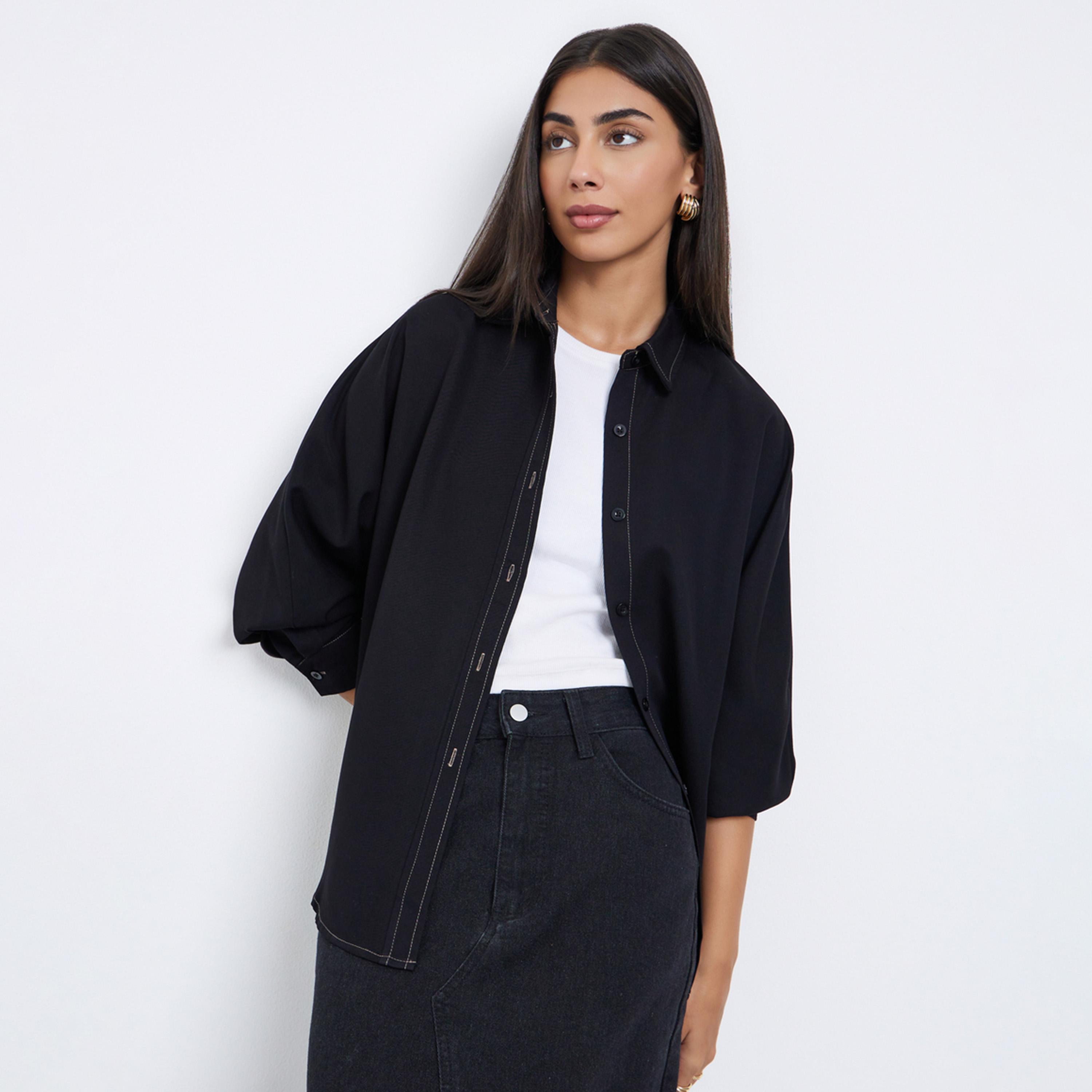 Styli Black Oversized Shirt with Button Placket-women-clothing-shirtsandblouses-shirts-image-1