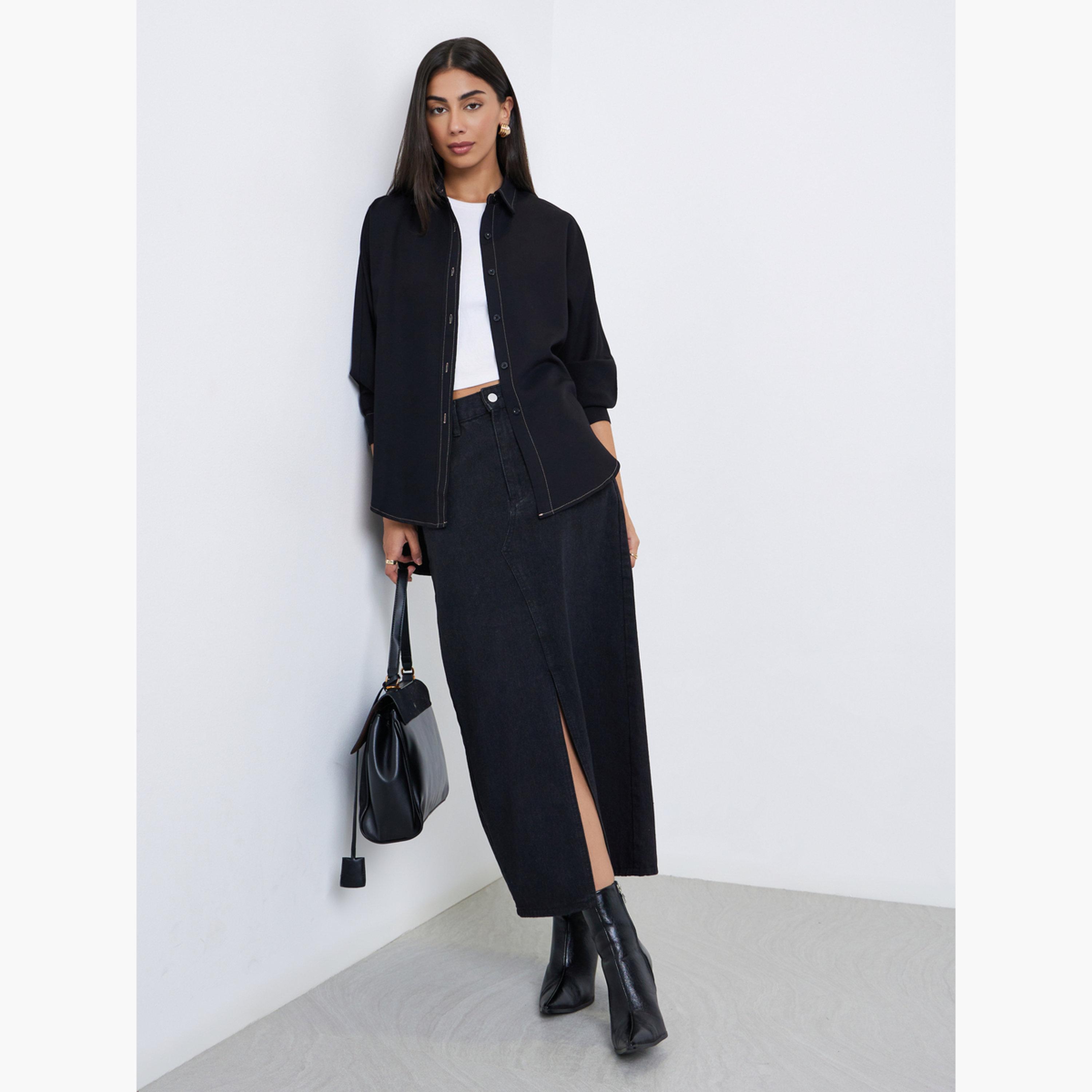 ستايلي - قميص أسود مقاس كبير اوفر سايز  مع أزرار-women-clothing-shirtsandblouses-shirts-image-2