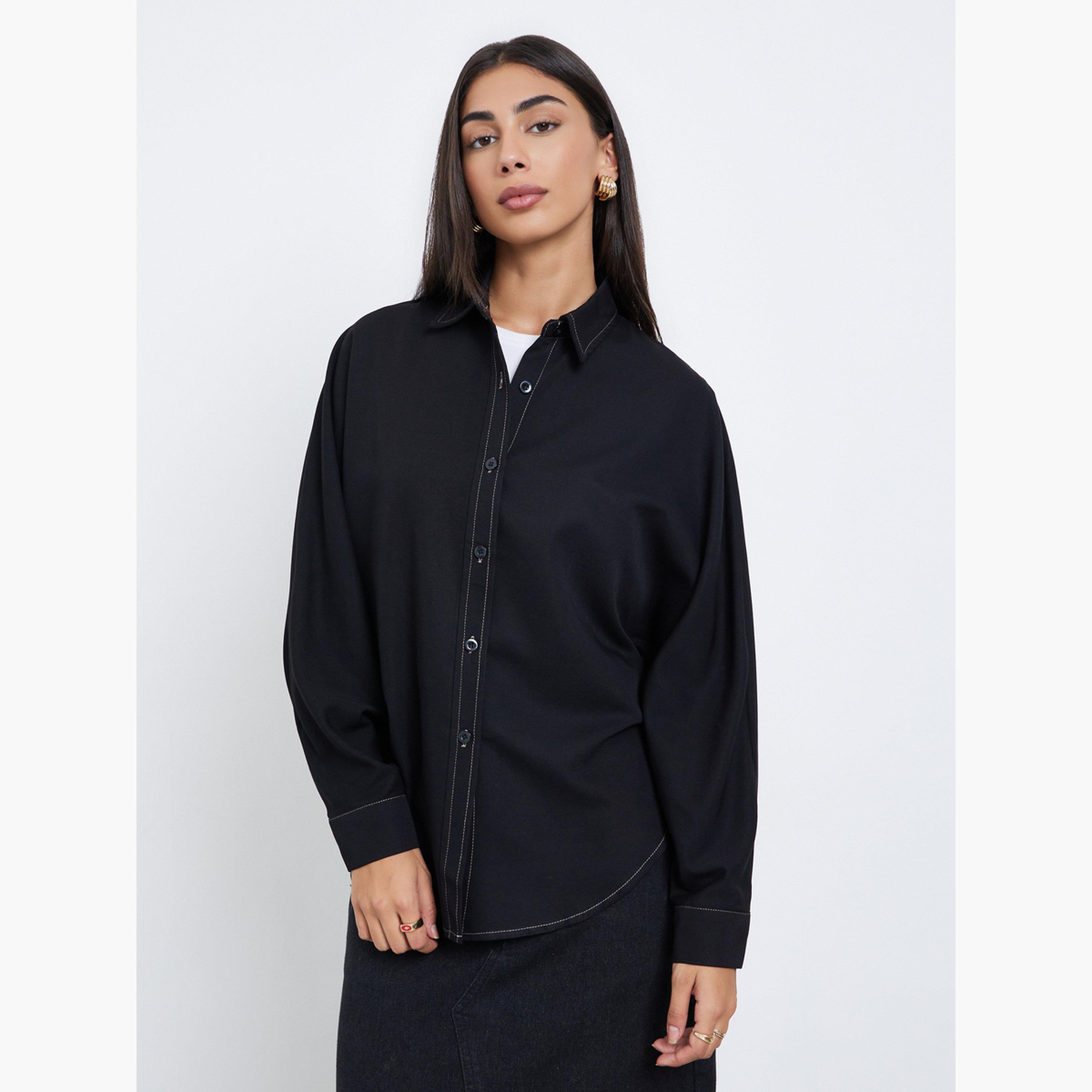ستايلي - قميص أسود مقاس كبير اوفر سايز  مع أزرار-women-clothing-shirtsandblouses-shirts-image-3