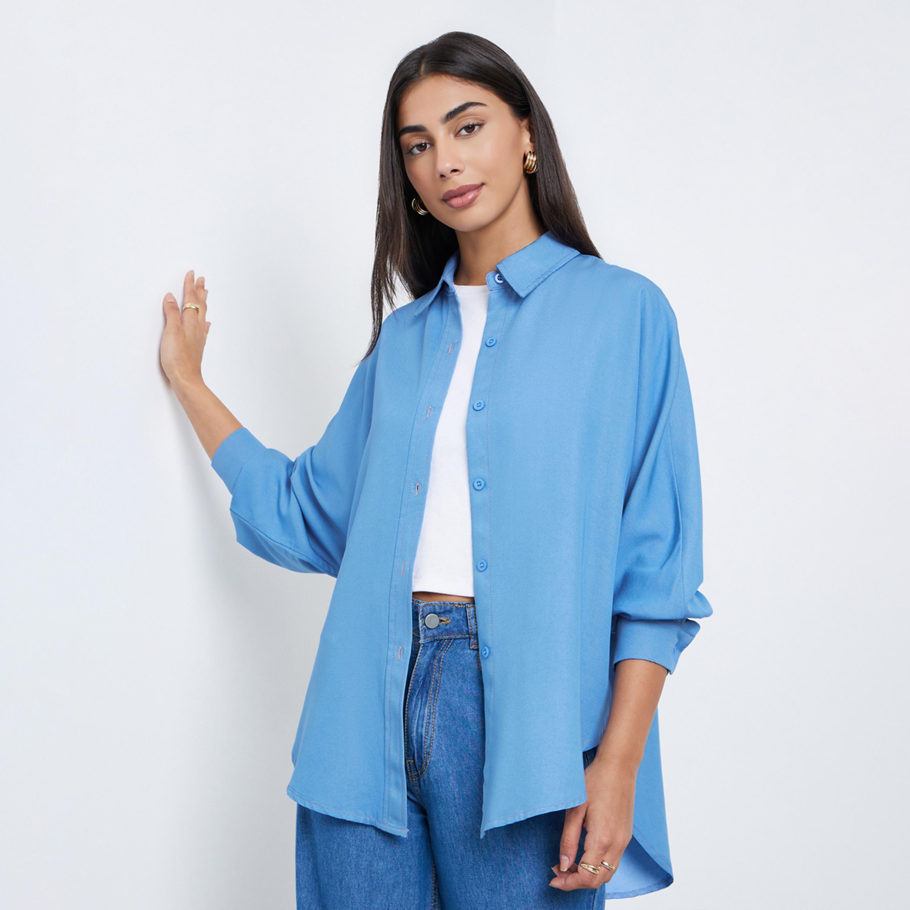 ستايلي - قميص أزرق مقاس كبير اوفر سايز  مع أزرار-women-clothing-shirtsandblouses-shirts-image-1