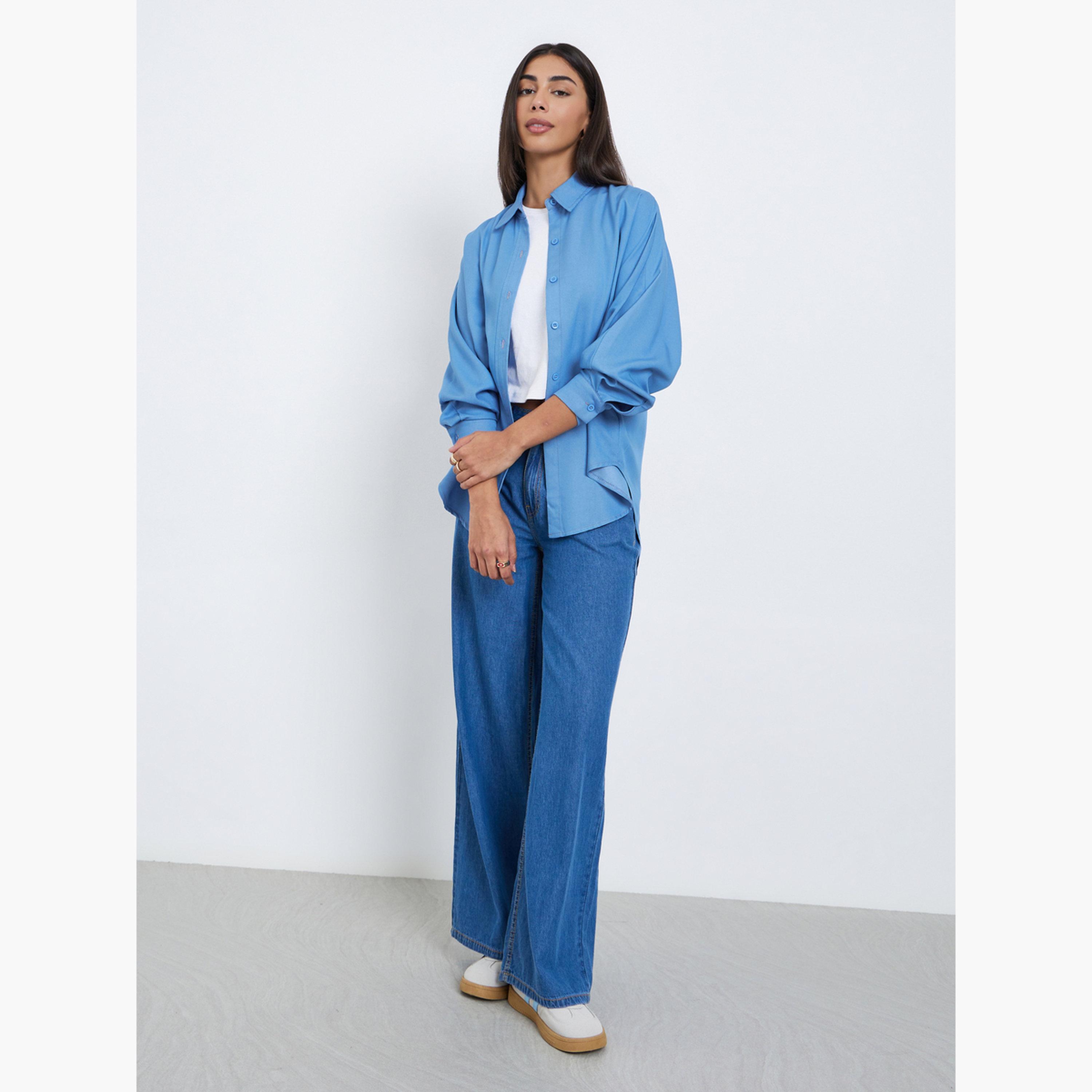 ستايلي - قميص أزرق مقاس كبير اوفر سايز  مع أزرار-women-clothing-shirtsandblouses-shirts-image-2