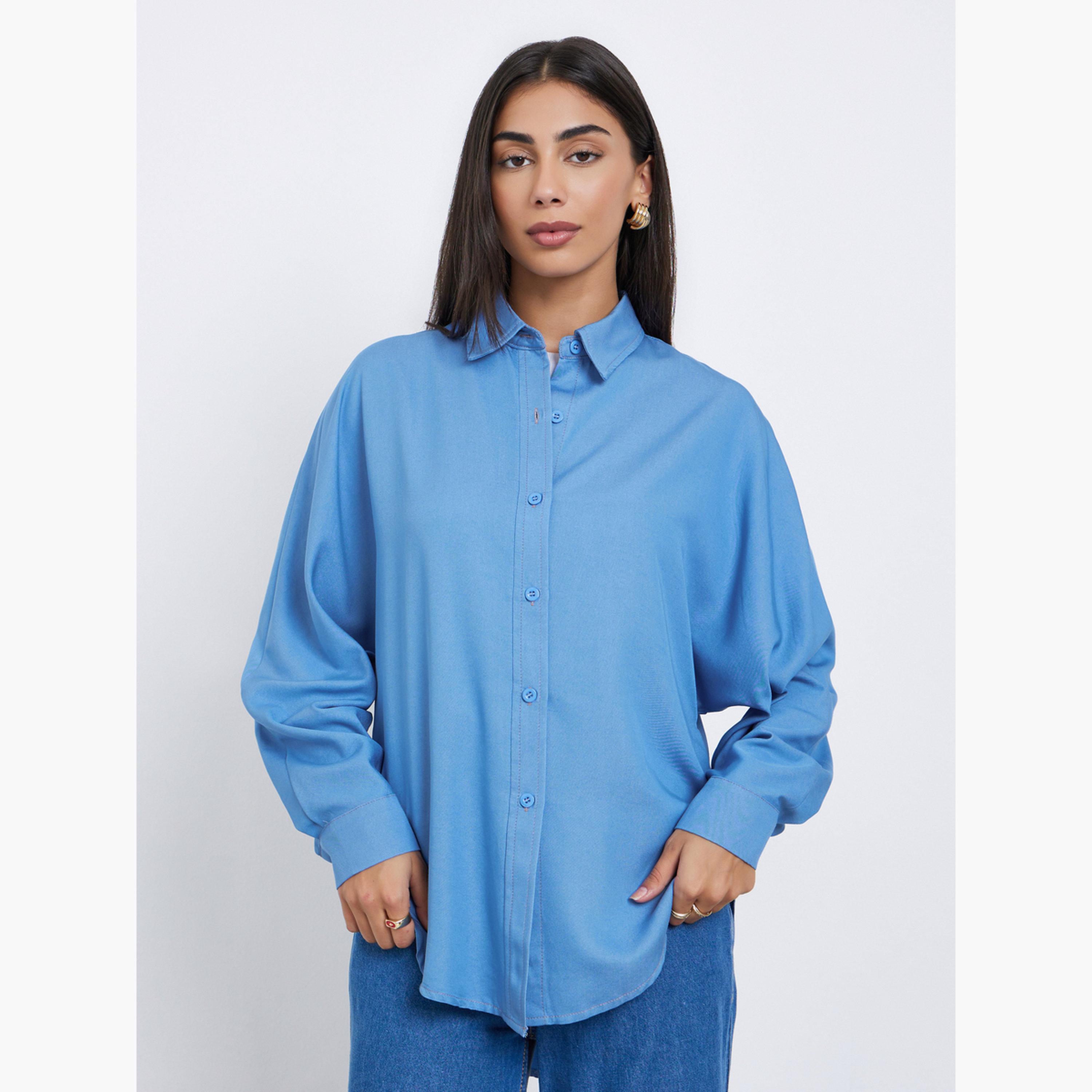 ستايلي - قميص أزرق مقاس كبير اوفر سايز  مع أزرار-women-clothing-shirtsandblouses-shirts-image-3