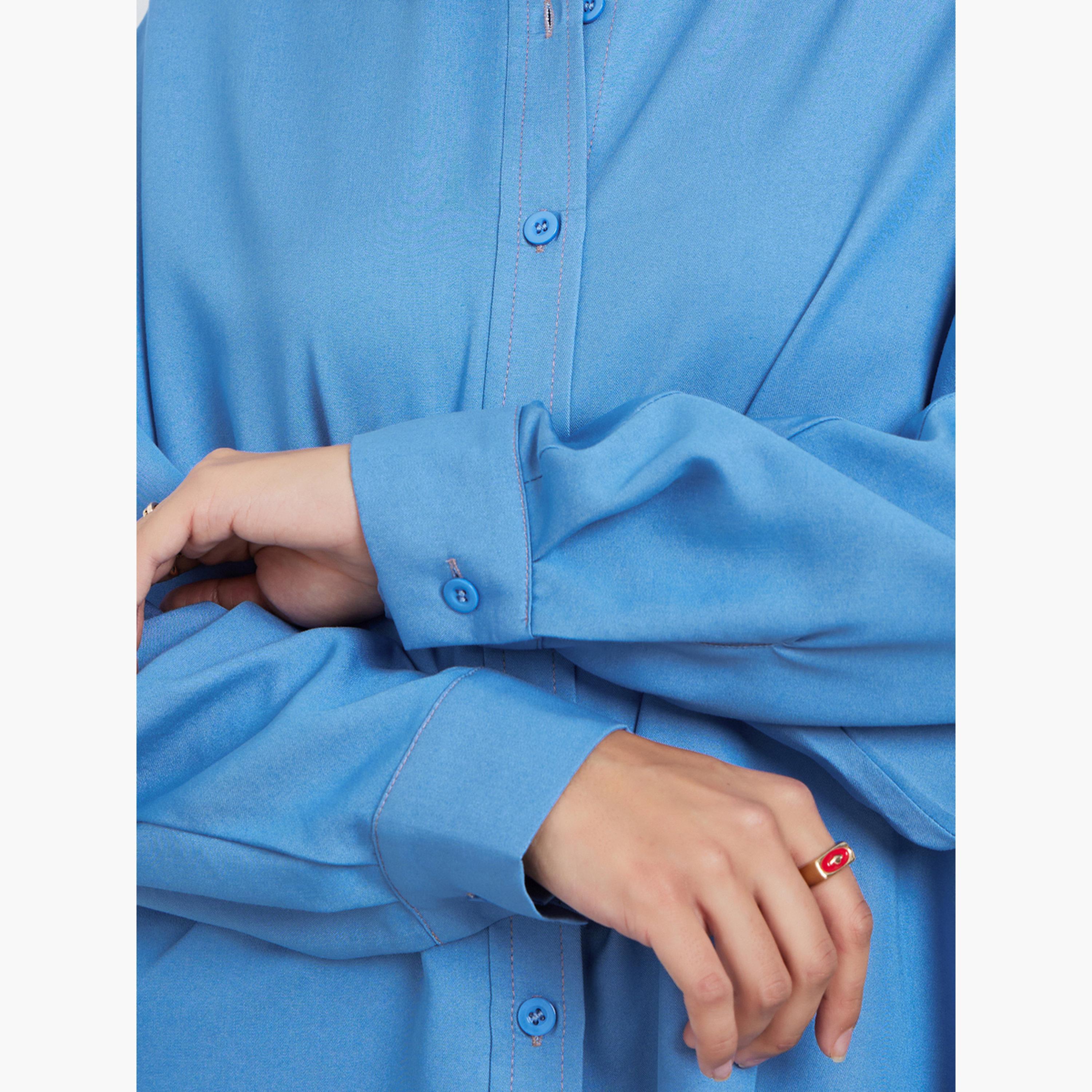 Styli Blue Oversized Shirt with Button Placket-women-clothing-shirtsandblouses-shirts-image-4