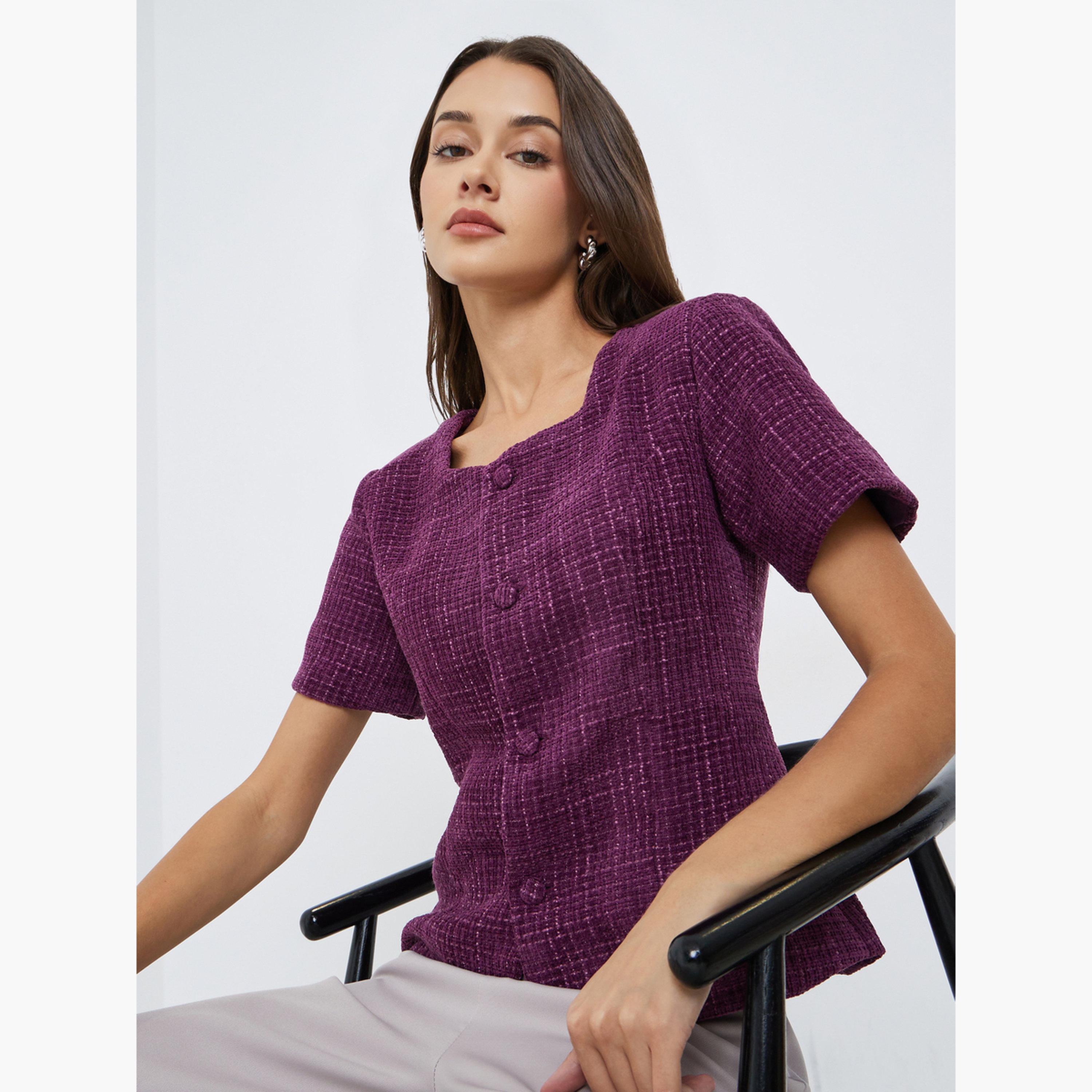 Styli Purple Tweed Buttoned Top-women-clothing-shirtsandblouses-shirts-image-3