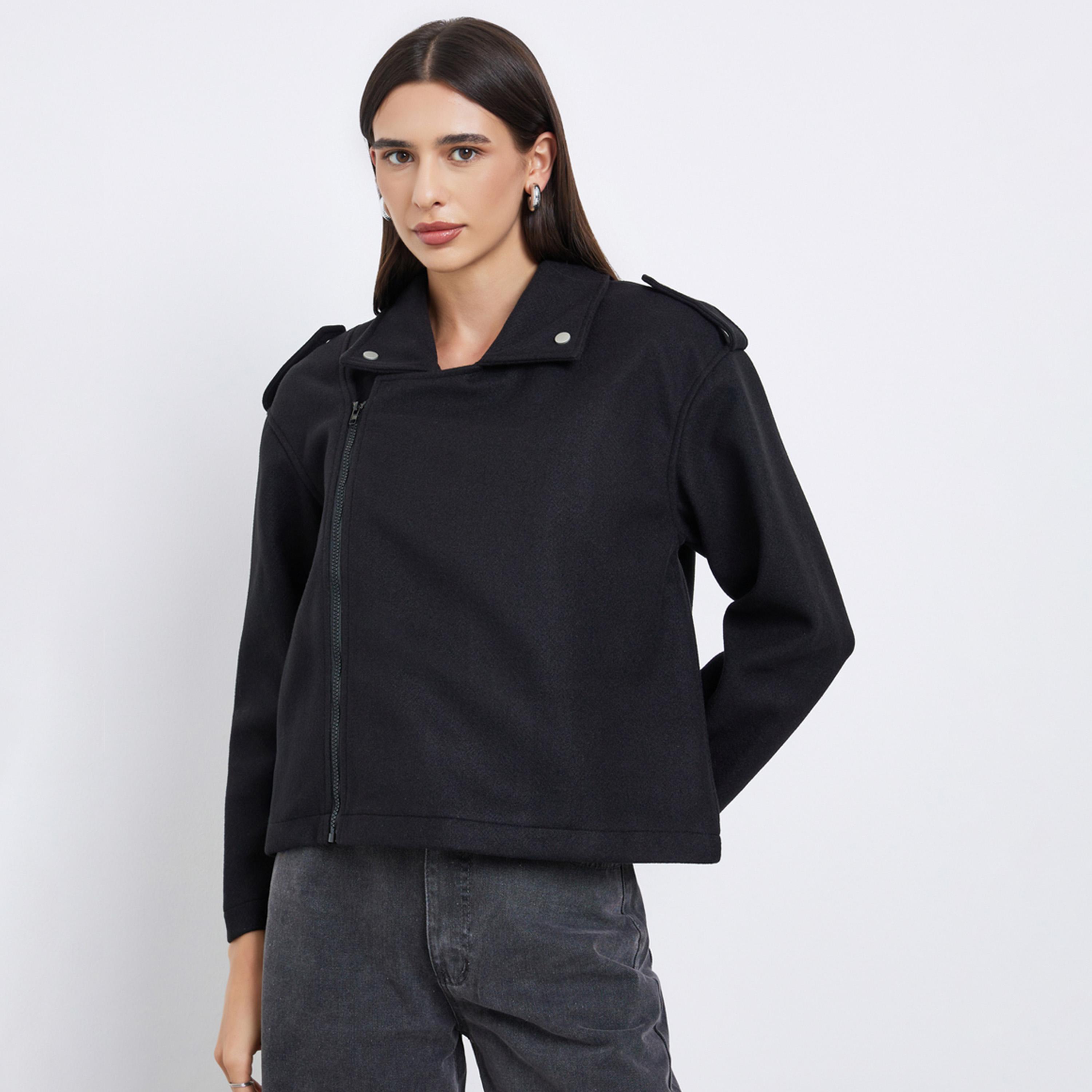 Styli Solid Lapel Collar Long Sleeves Women's Zip Through Jacket-women-winterwear-coatsandjackets-jackets-image-1
