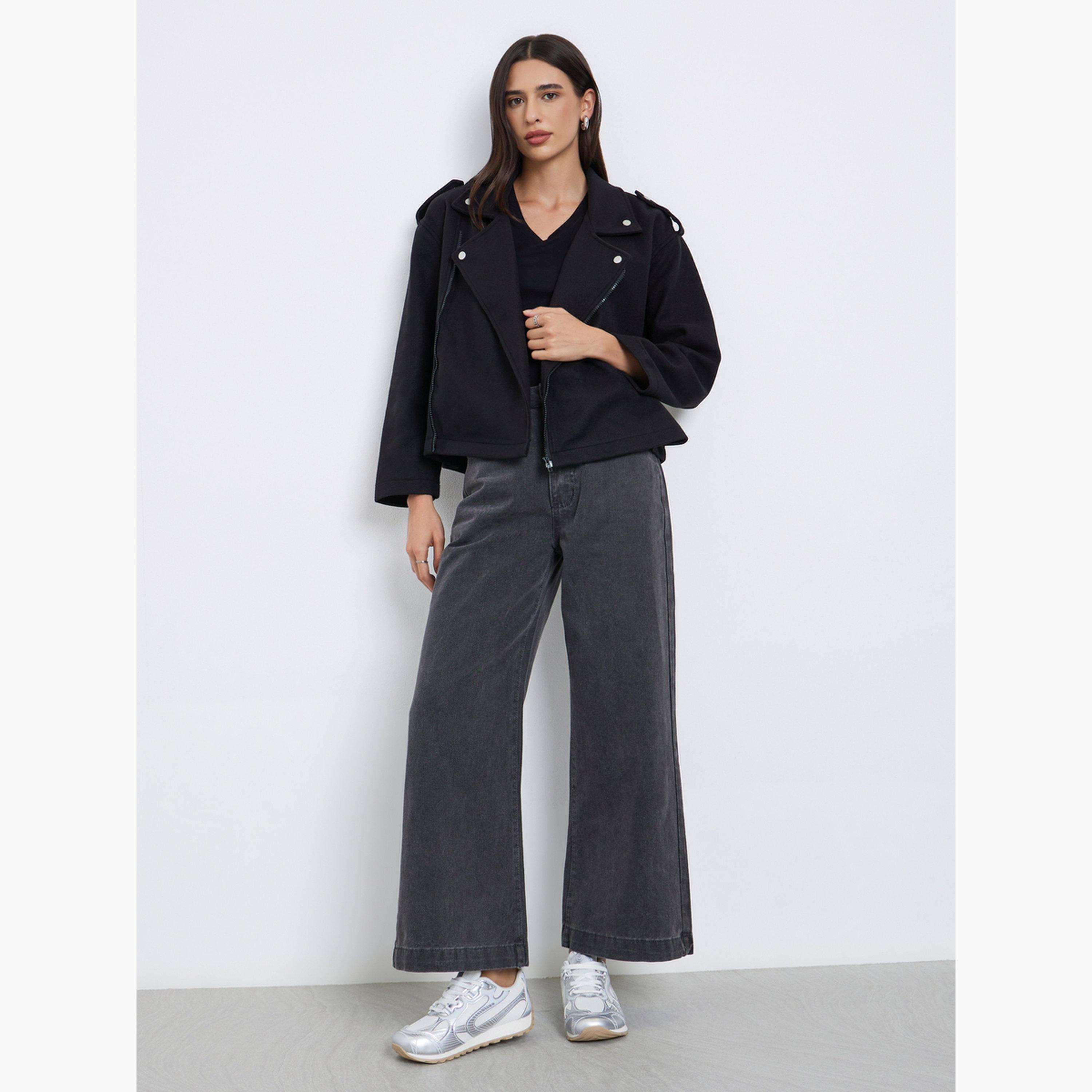 Styli Solid Lapel Collar Long Sleeves Women's Zip Through Jacket-women-winterwear-coatsandjackets-jackets-image-2