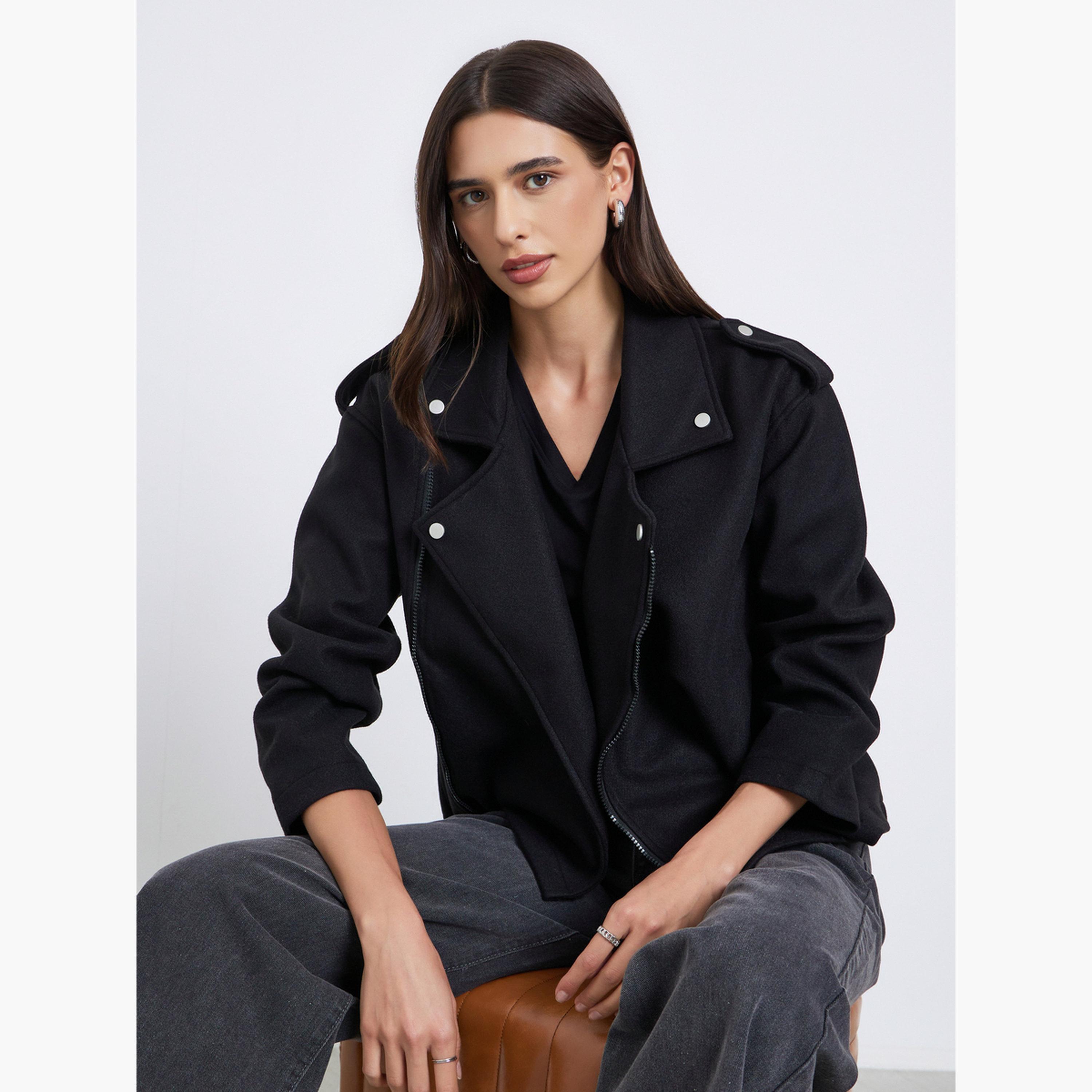 Styli Solid Lapel Collar Long Sleeves Women's Zip Through Jacket-women-winterwear-coatsandjackets-jackets-image-3