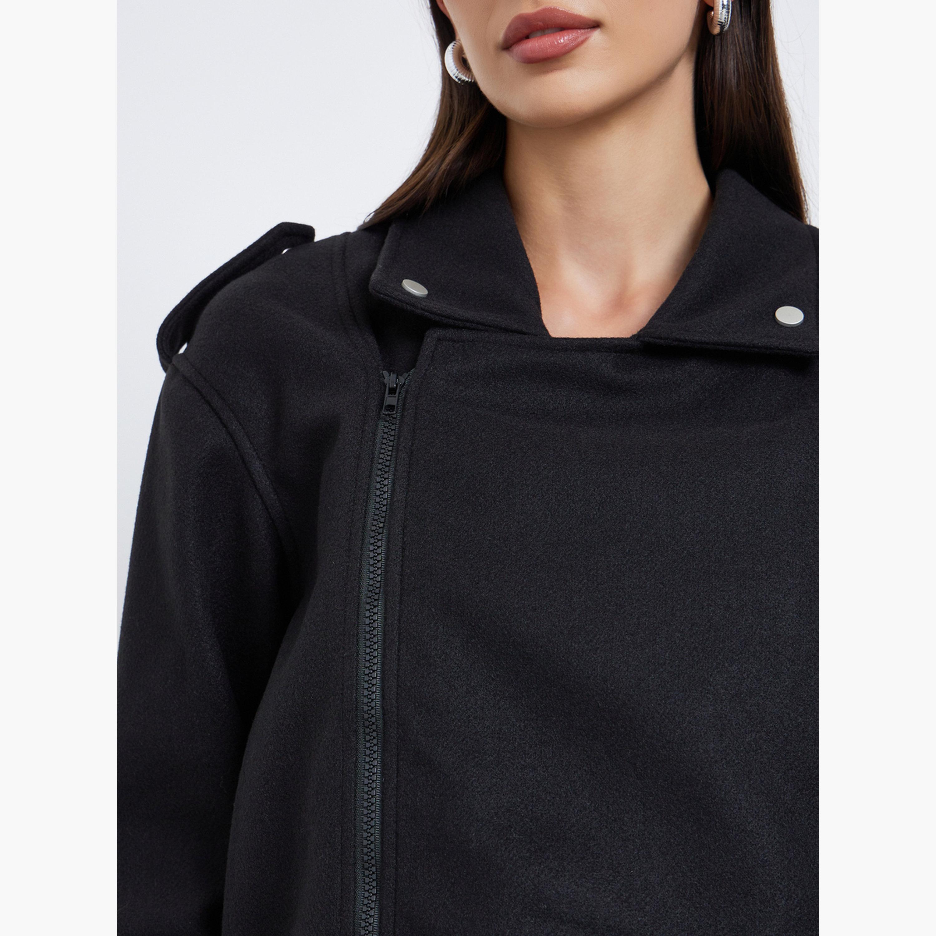 Styli Solid Lapel Collar Long Sleeves Women's Zip Through Jacket-women-winterwear-coatsandjackets-jackets-image-4