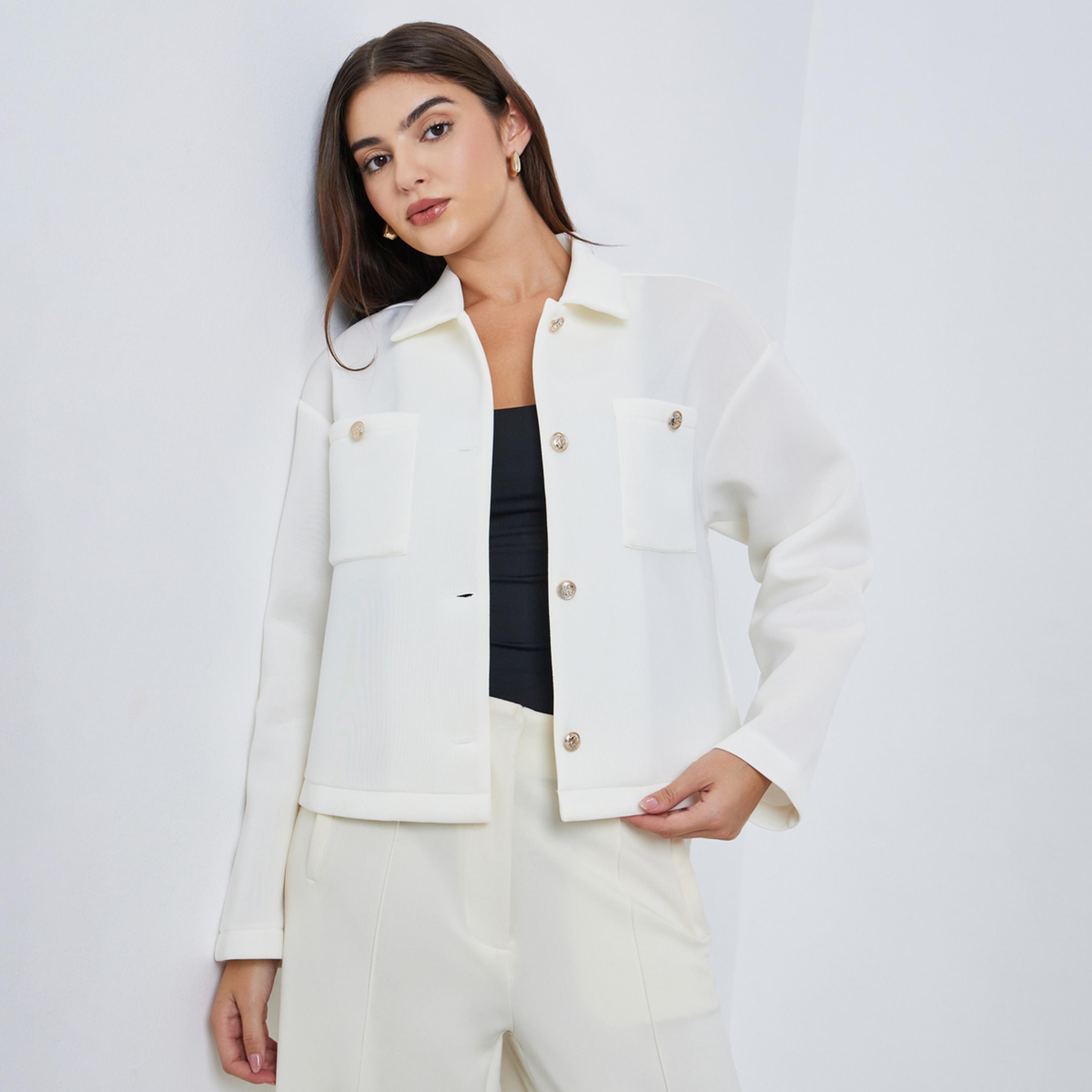 Styli Solid Collared Long Sleeves Women's Button Through Trucker Jacket-women-winterwear-coatsandjackets-jackets-image-1