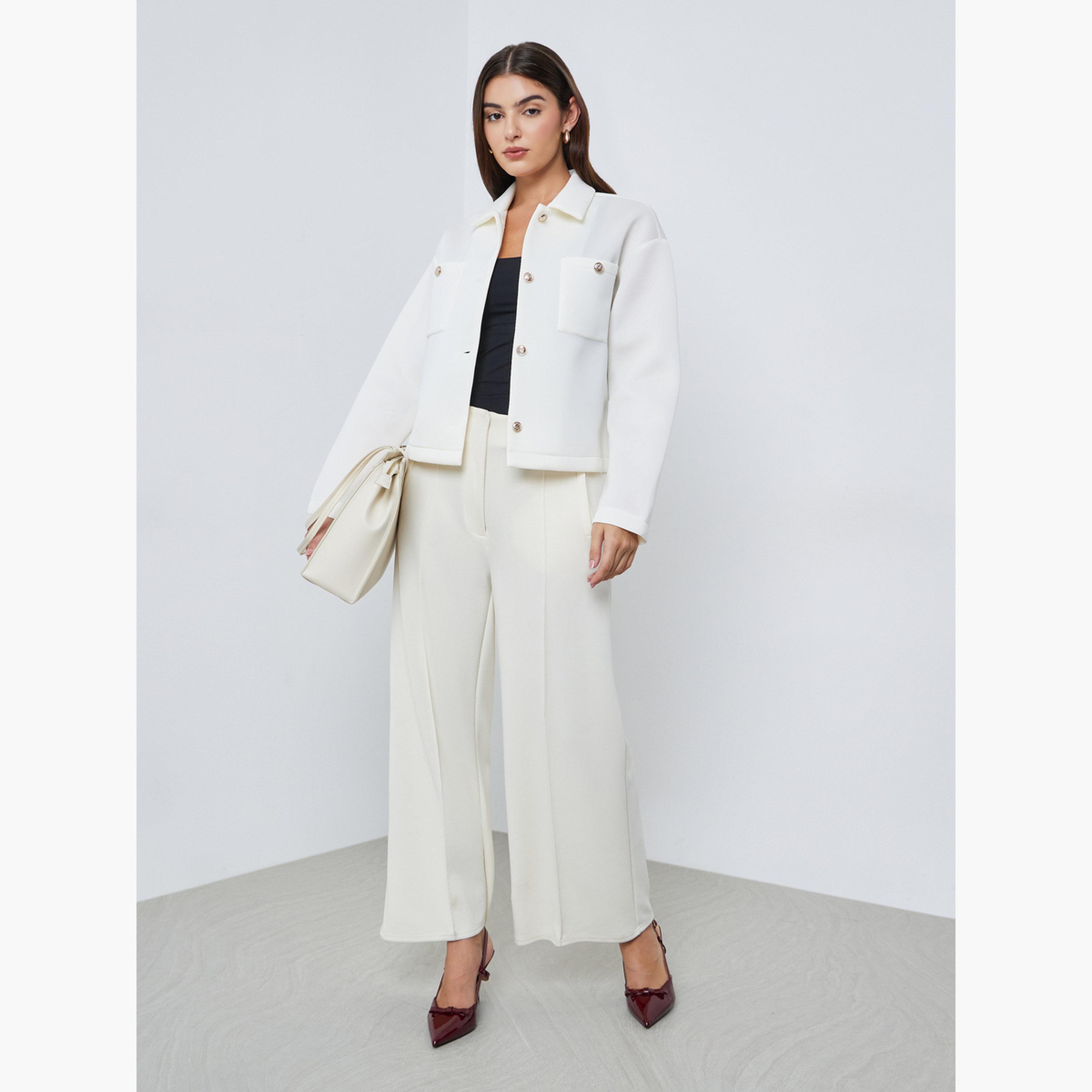 Styli Solid Collared Long Sleeves Women's Button Through Trucker Jacket-women-winterwear-coatsandjackets-jackets-image-2