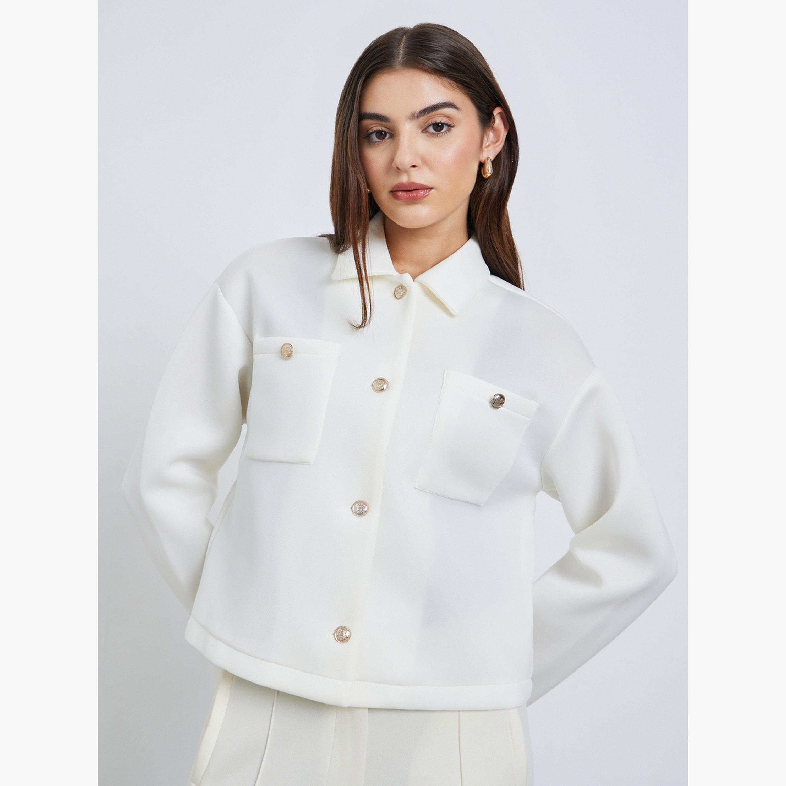 Styli Solid Collared Long Sleeves Women's Button Through Trucker Jacket-women-winterwear-coatsandjackets-jackets-image-3