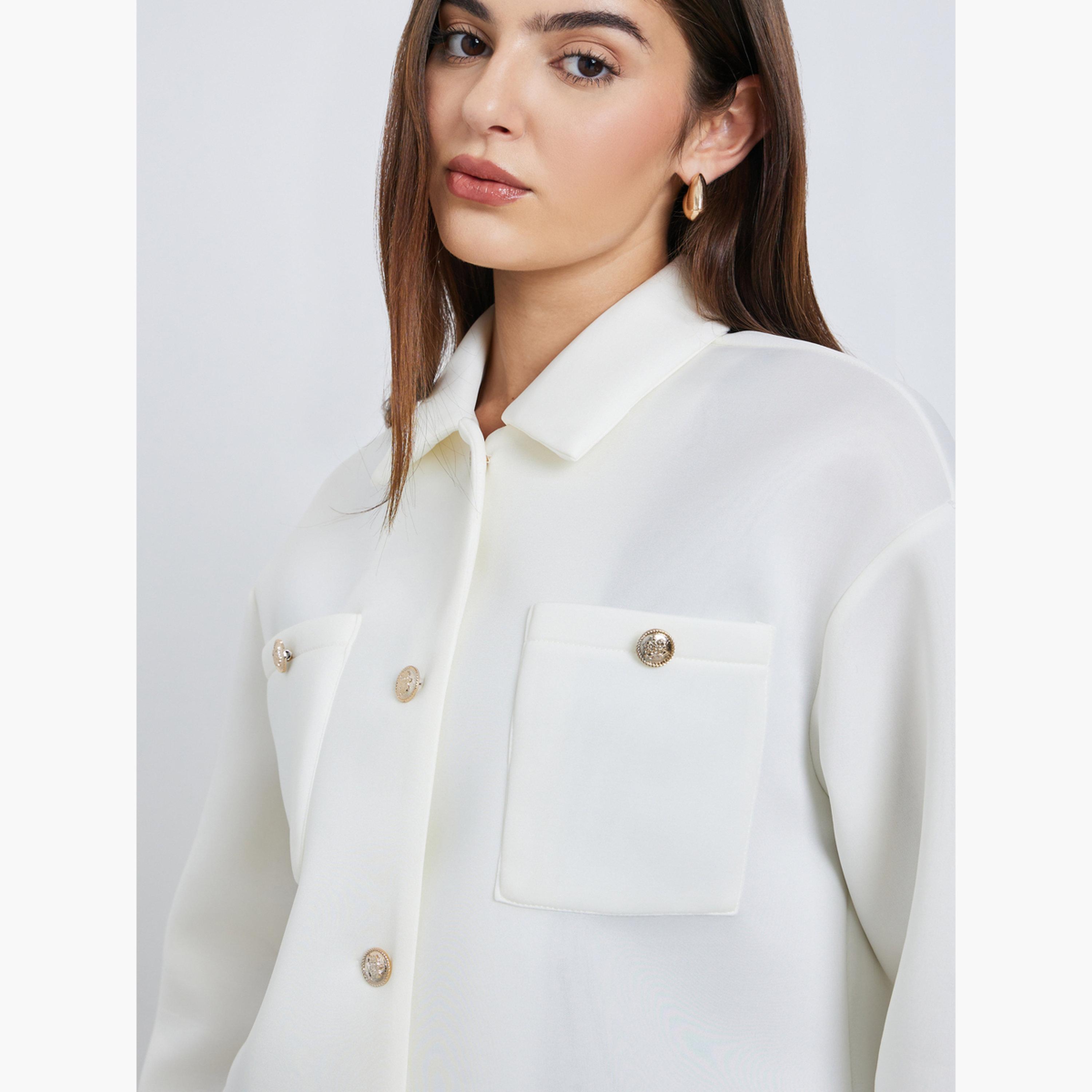 Styli Solid Collared Long Sleeves Women's Button Through Trucker Jacket-women-winterwear-coatsandjackets-jackets-image-5