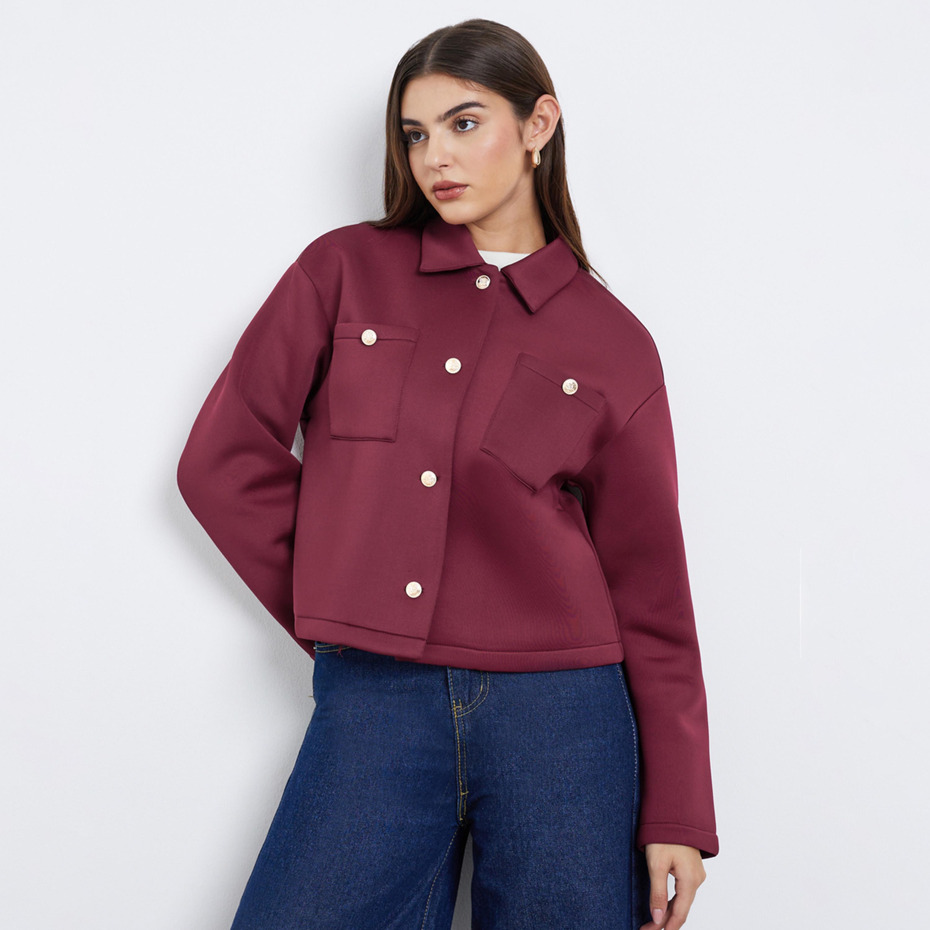 Styli Solid Collared Long Sleeves Women's Button Through Trucker Jacket-women-winterwear-coatsandjackets-jackets-image-1