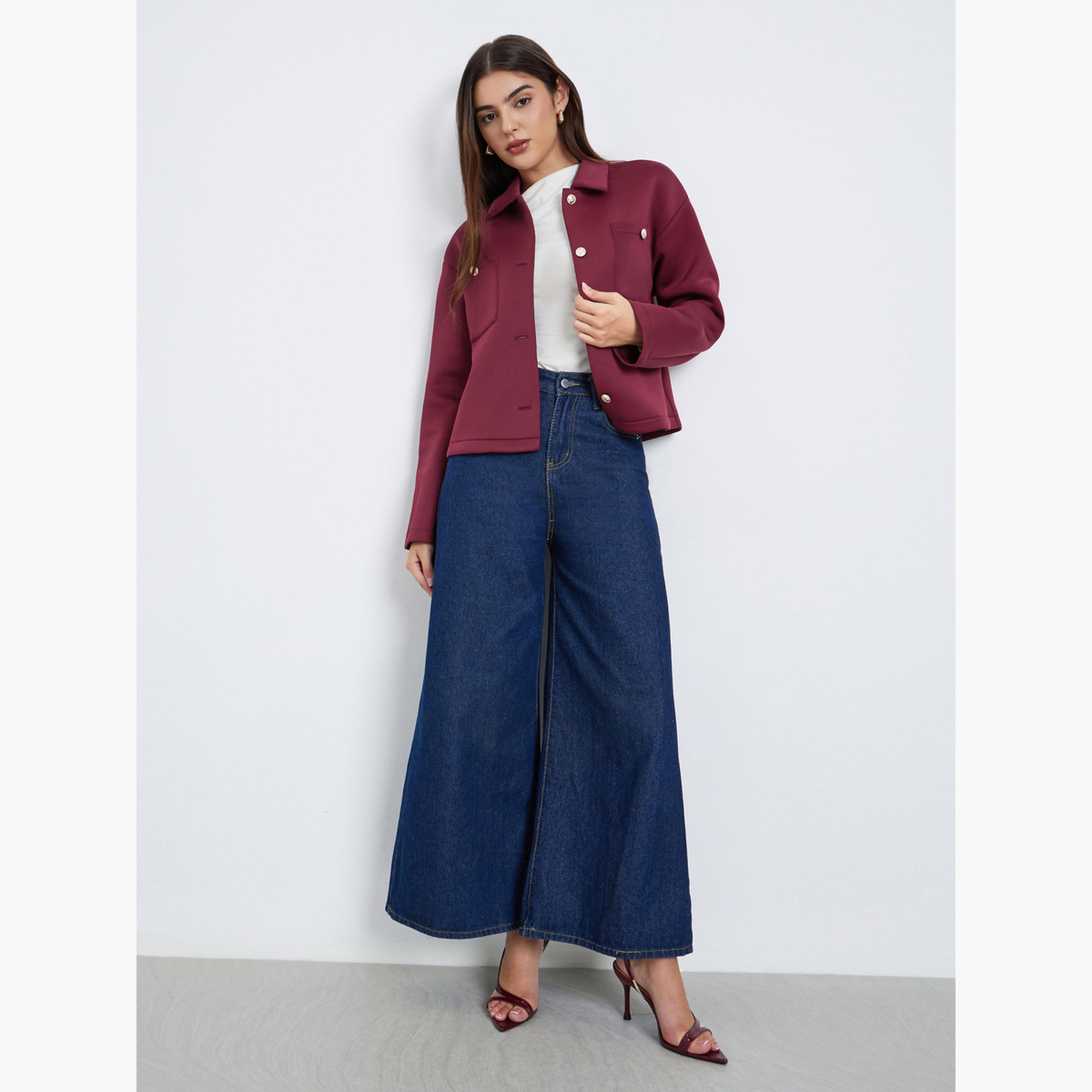 Styli Solid Collared Long Sleeves Women's Button Through Trucker Jacket-women-winterwear-coatsandjackets-jackets-image-2