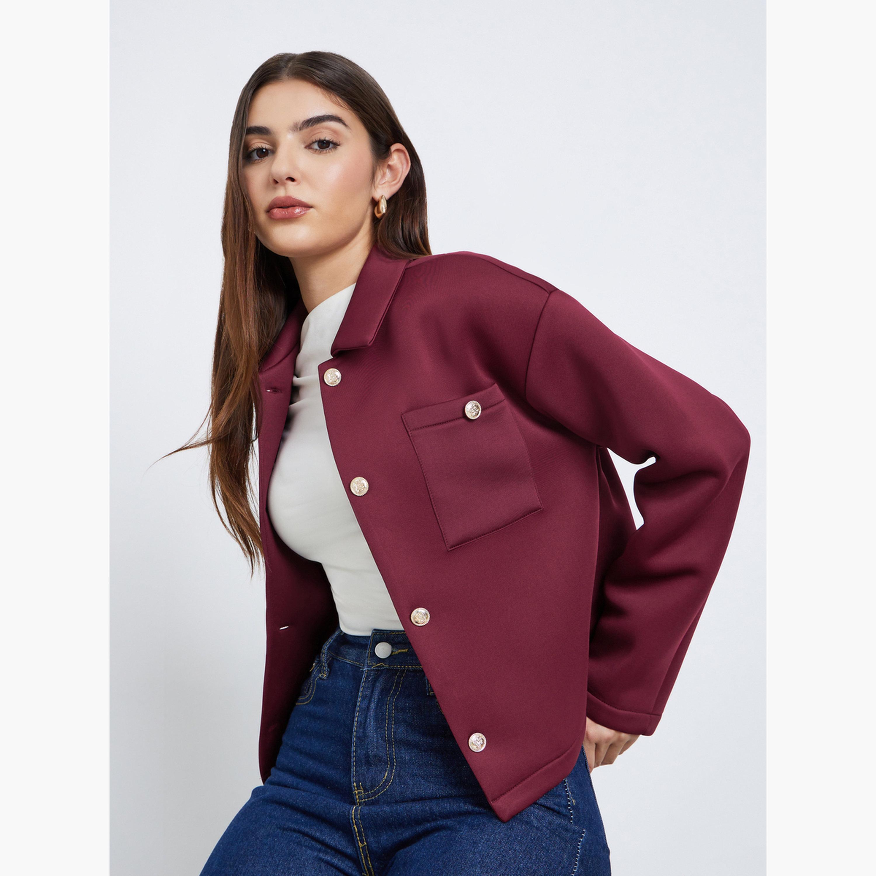 Styli Solid Collared Long Sleeves Women's Button Through Trucker Jacket-women-winterwear-coatsandjackets-jackets-image-3