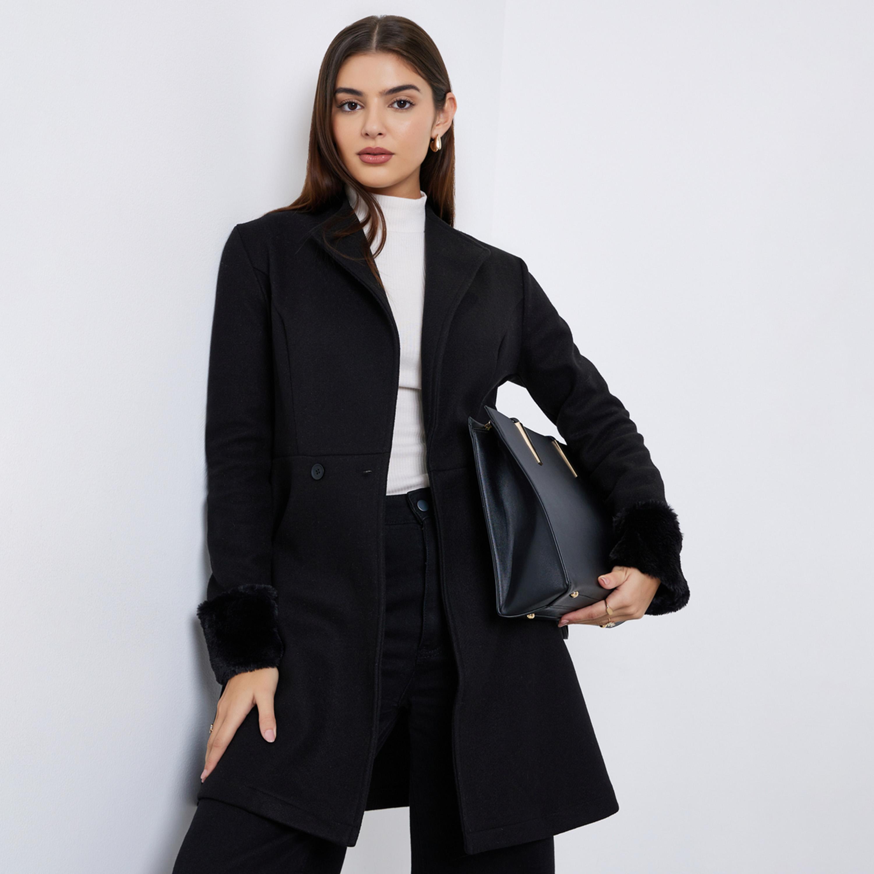 Styli Women Black Longline Wool Like Coat with Faux Fur Detail-women-winterwear-coatsandjackets-coats-image-1