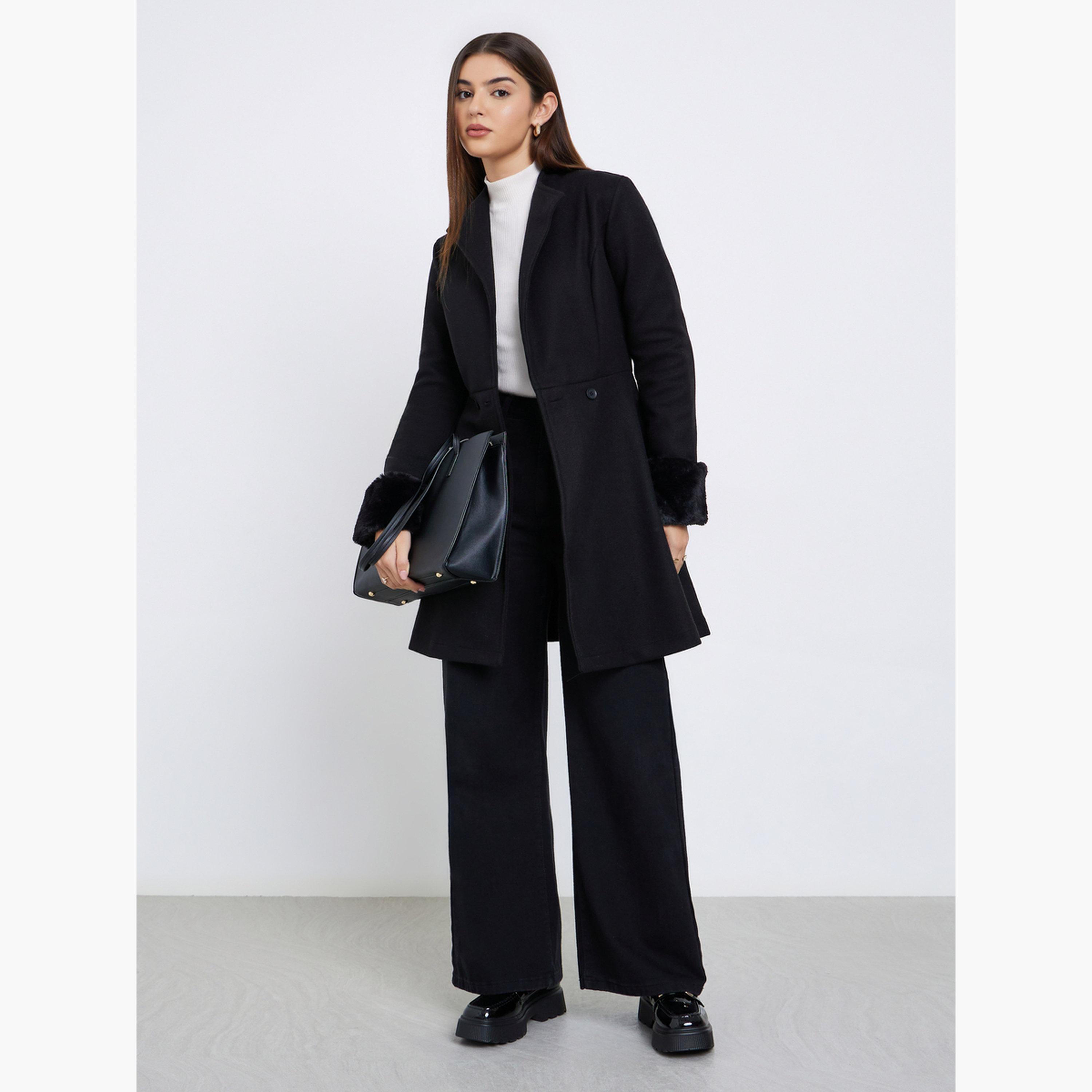 Styli Women Black Longline Wool Like Coat with Faux Fur Detail-women-winterwear-coatsandjackets-coats-image-2