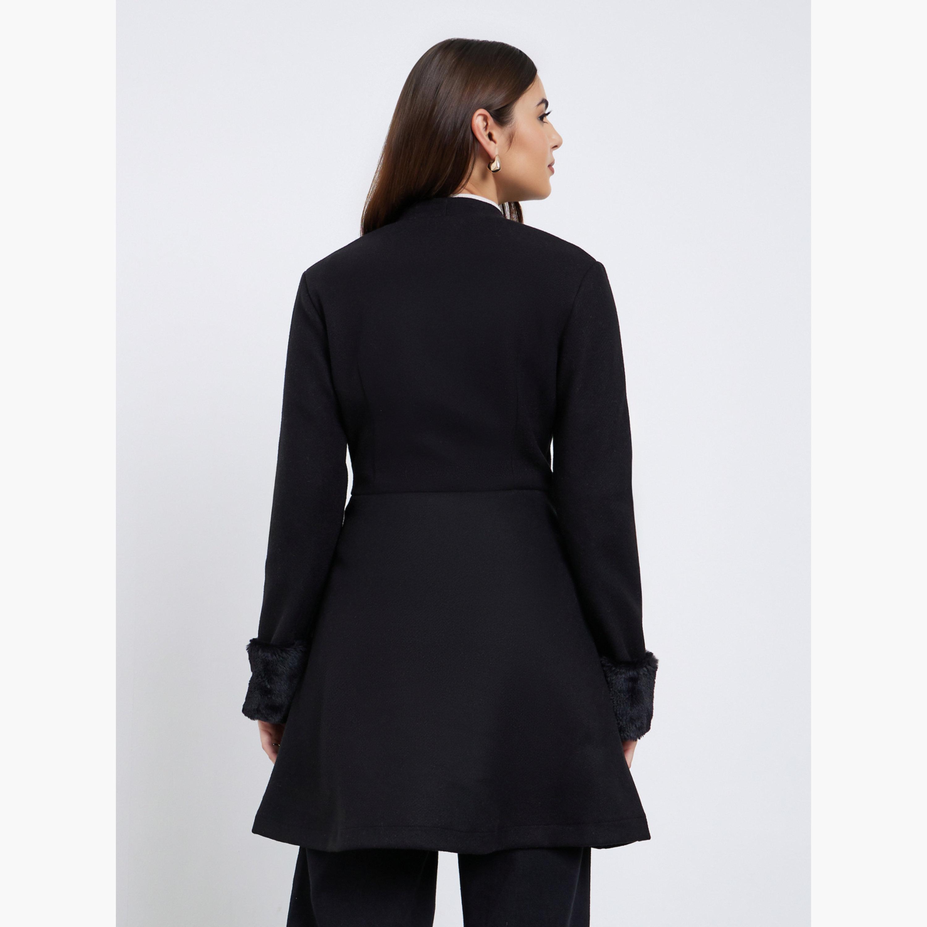 Styli Women Black Longline Wool Like Coat with Faux Fur Detail-women-winterwear-coatsandjackets-coats-image-5