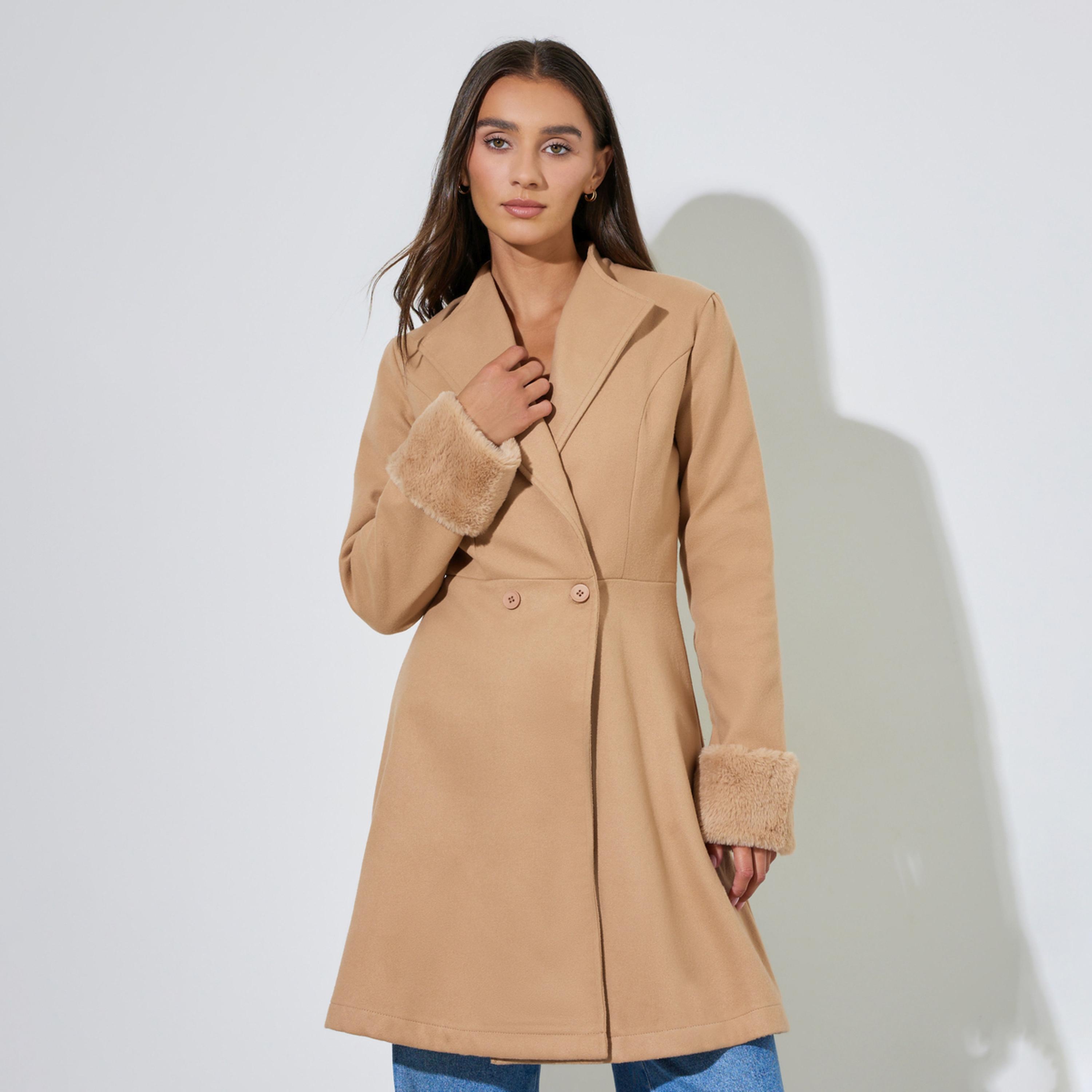 Styli Beige Longline Wool Like Coat with Faux Fur Detail-women-winterwear-coatsandjackets-coats-image-1