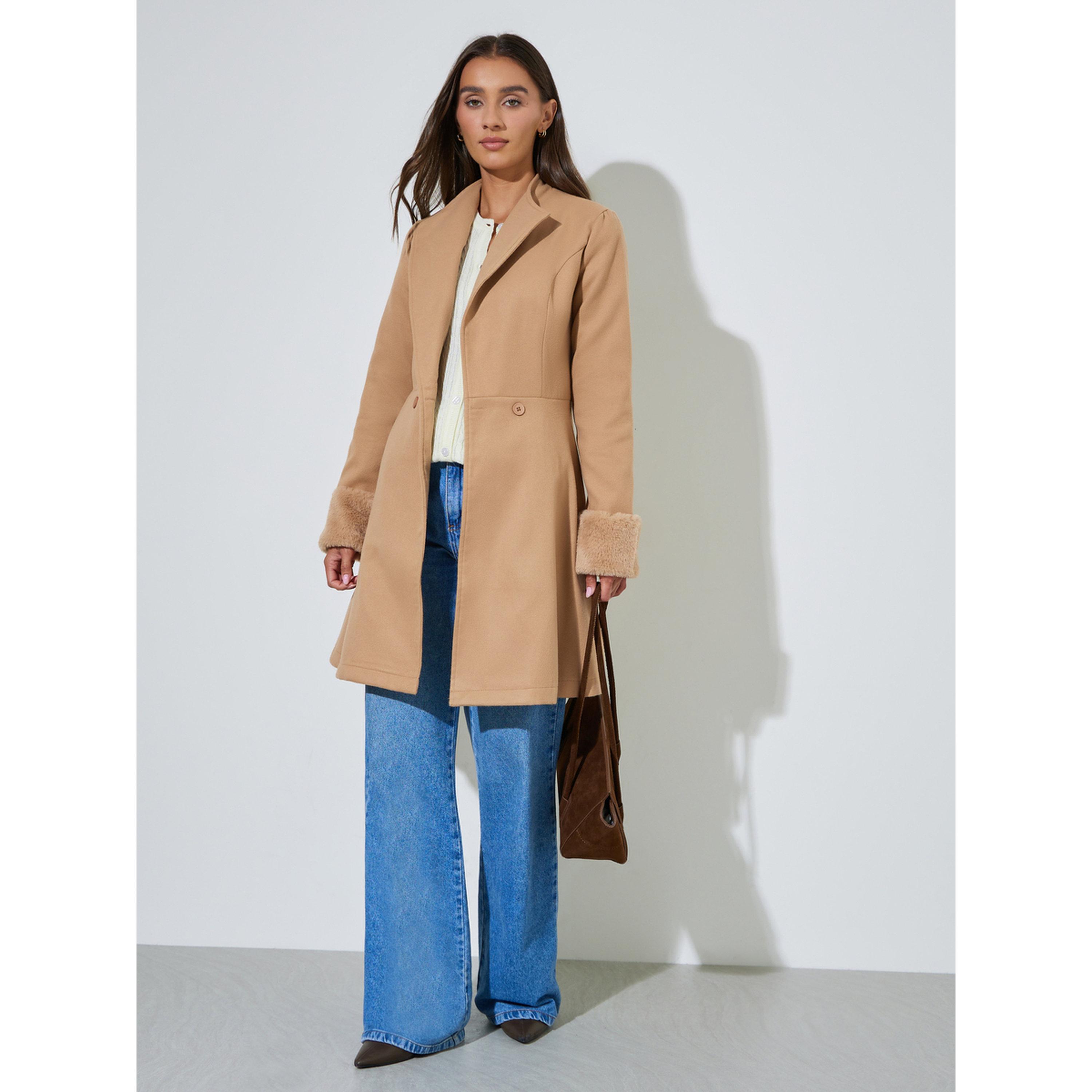 Styli Beige Longline Wool Like Coat with Faux Fur Detail-women-winterwear-coatsandjackets-coats-image-2