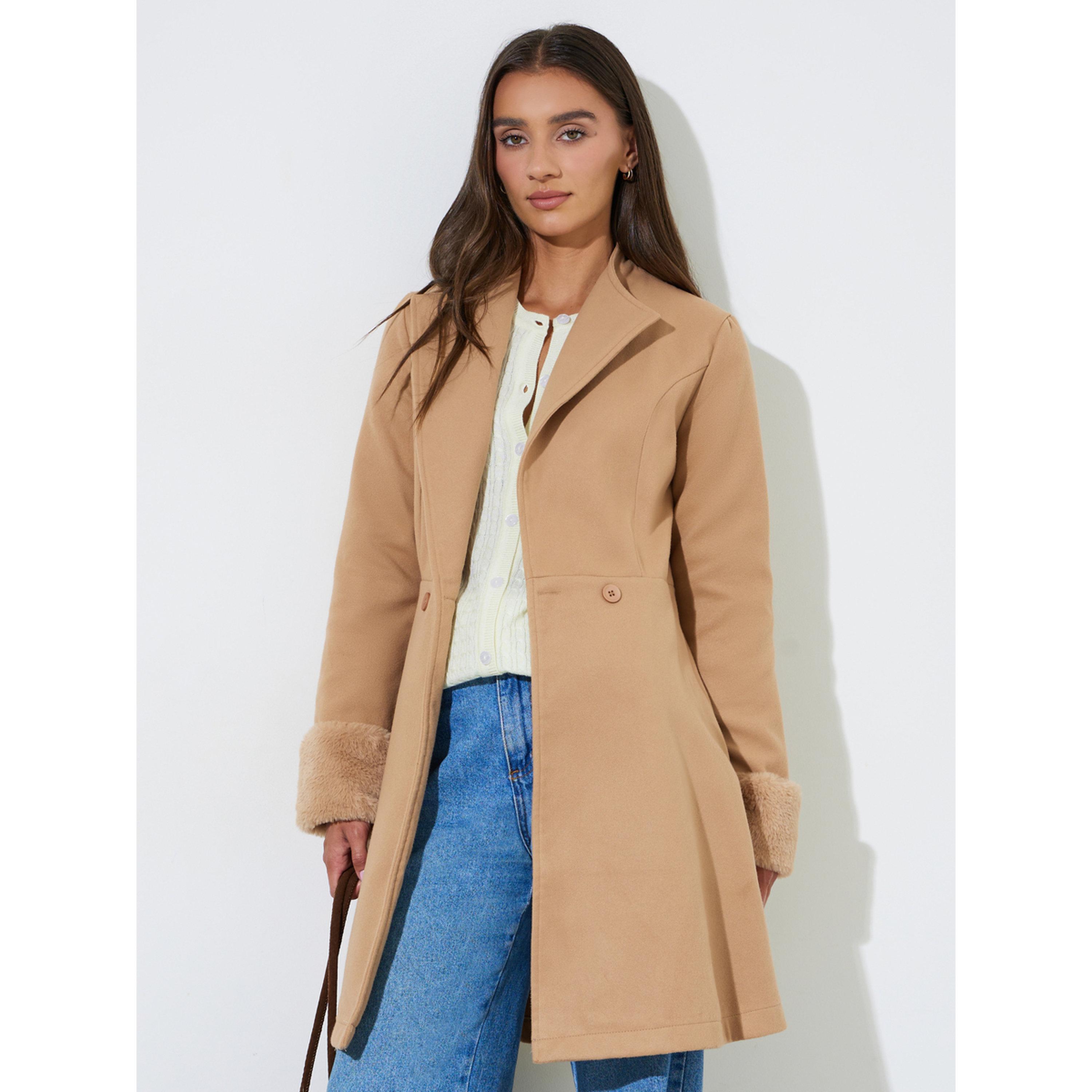 Styli Beige Longline Wool Like Coat with Faux Fur Detail-women-winterwear-coatsandjackets-coats-image-3