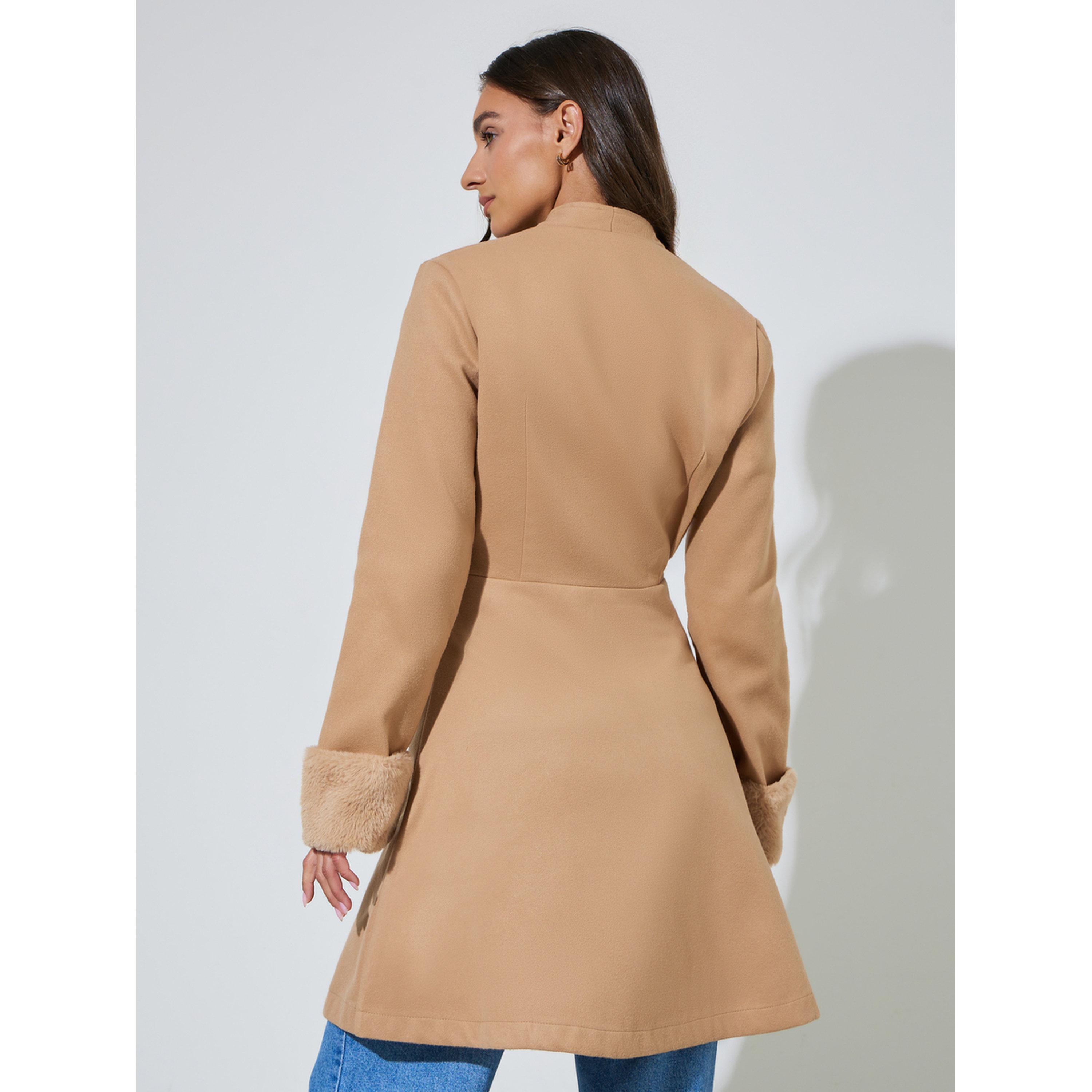 Styli Beige Longline Wool Like Coat with Faux Fur Detail-women-winterwear-coatsandjackets-coats-image-4