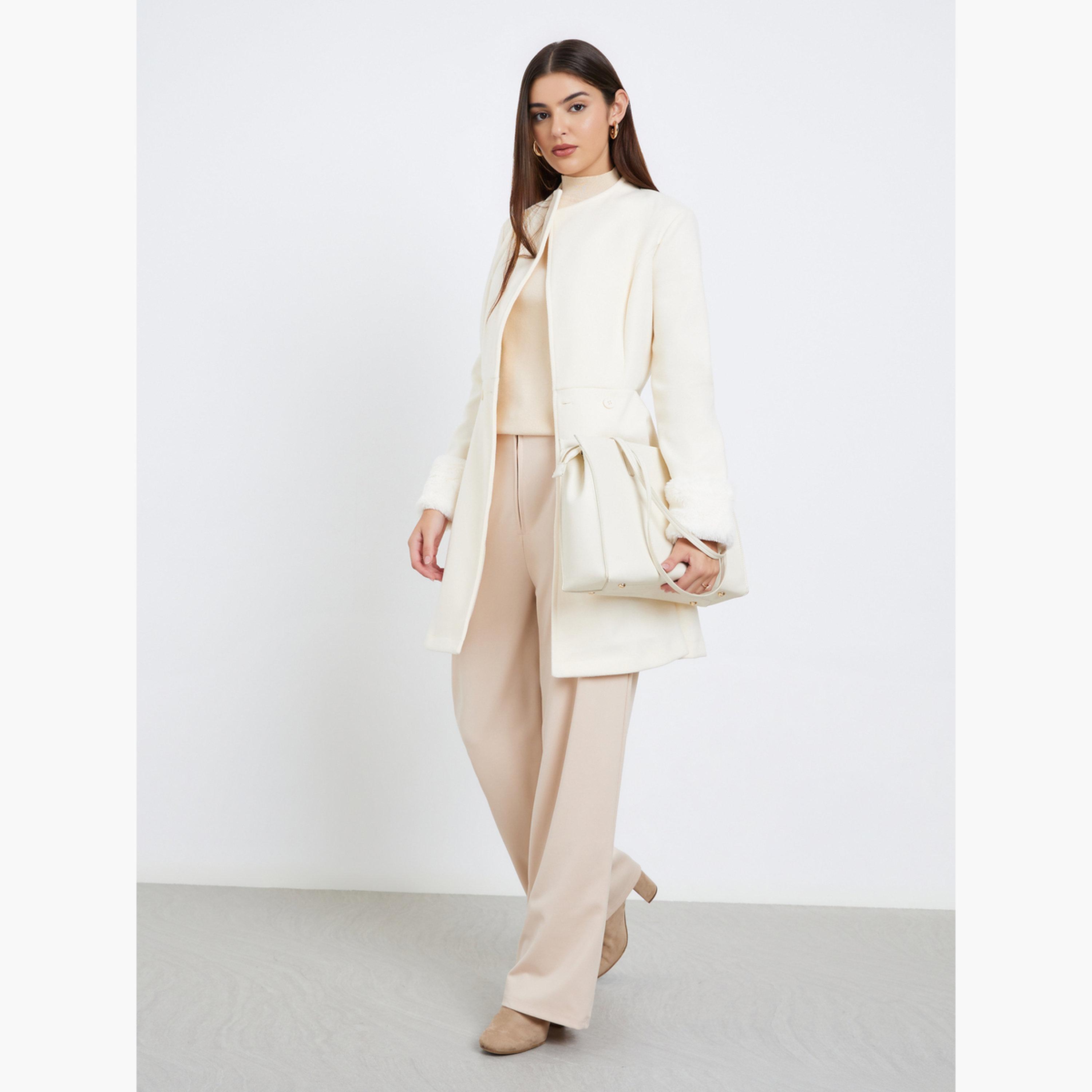 Styli Women Off White Longline Wool Like Coat with Faux Fur Detail-women-winterwear-coatsandjackets-coats-image-2