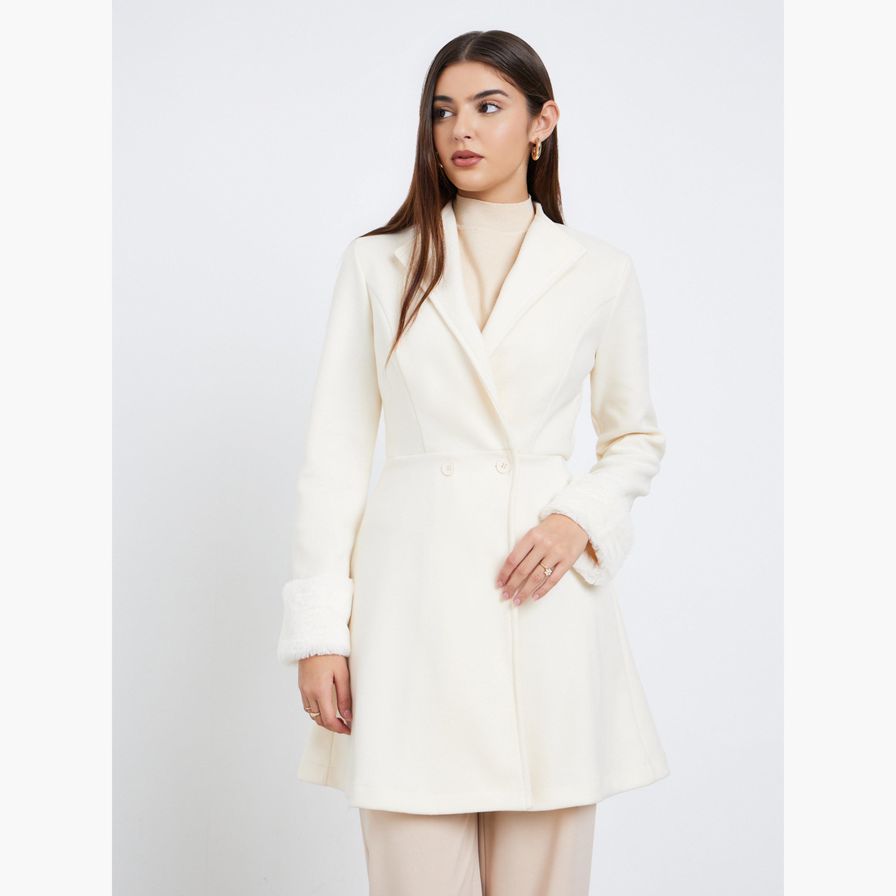 Styli Women Off White Longline Wool Like Coat with Faux Fur Detail-women-winterwear-coatsandjackets-coats-image-3