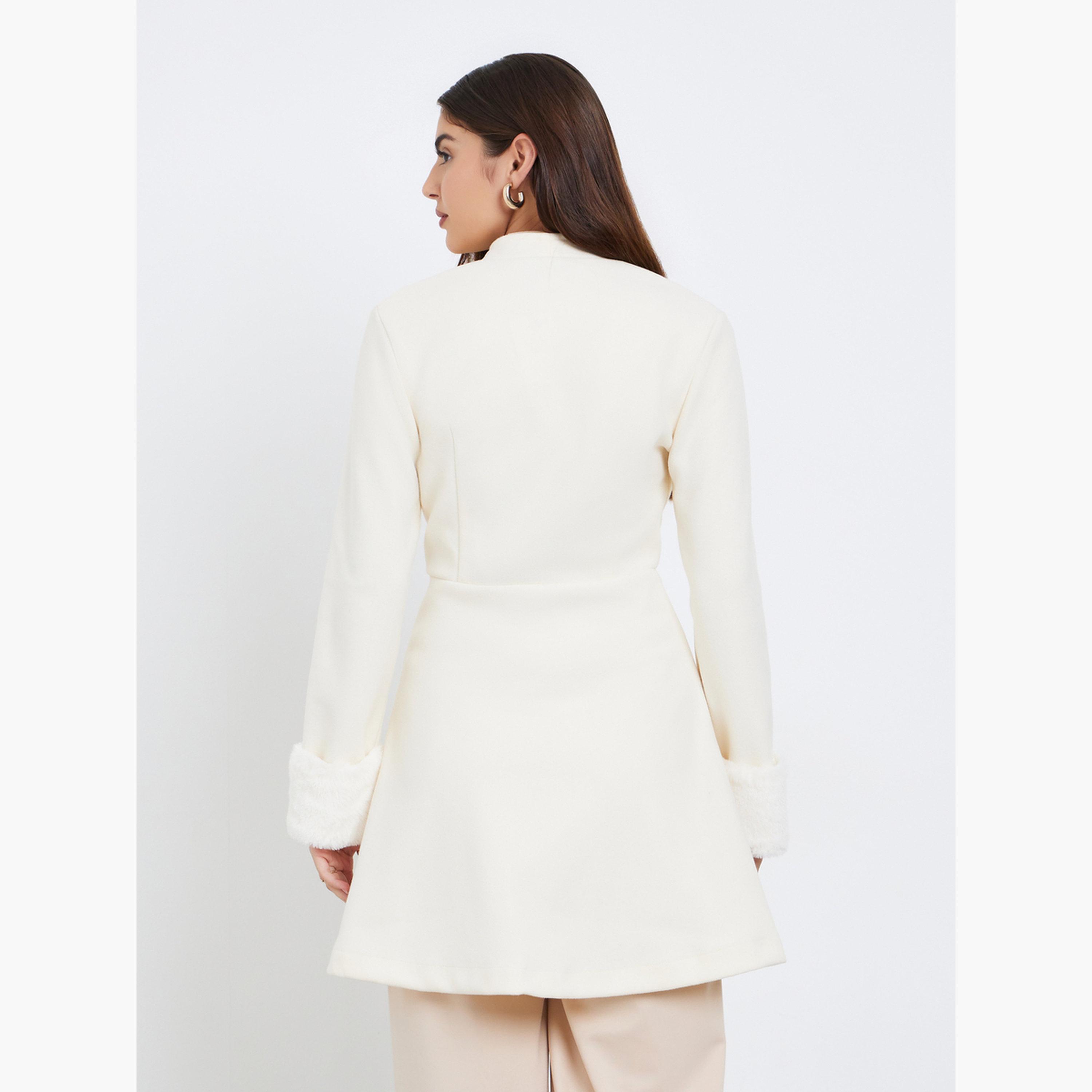 Styli Women Off White Longline Wool Like Coat with Faux Fur Detail-women-winterwear-coatsandjackets-coats-image-5