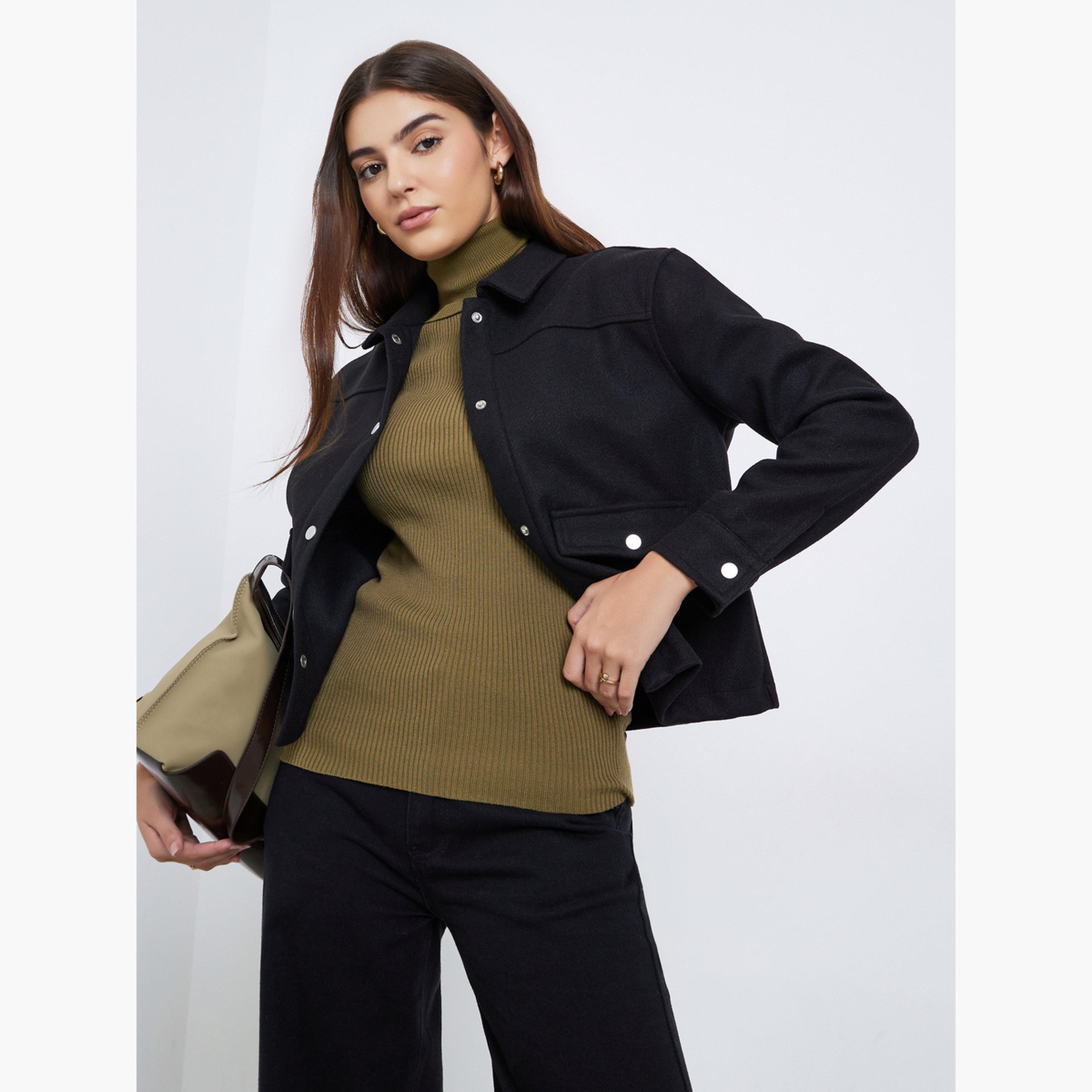 Styli Solid Collared Long Sleeves Women's Snap Button Trucker Jacket-women-winterwear-coatsandjackets-jackets-image-3