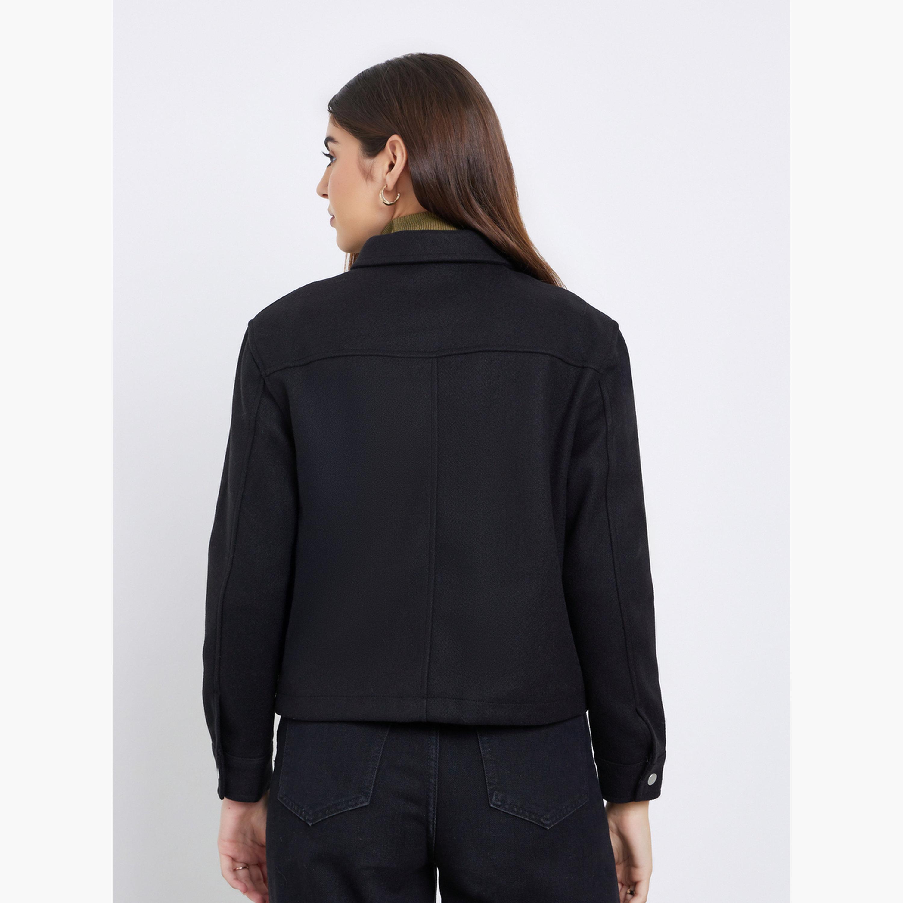 Styli Solid Collared Long Sleeves Women's Snap Button Trucker Jacket-women-winterwear-coatsandjackets-jackets-image-4